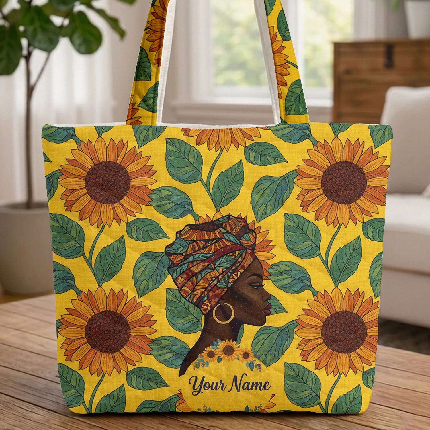 African Woman Headwrap Gold Earring Sunflowers Wreath - Everyday Carry Gift Quilted Tote Bag - 1