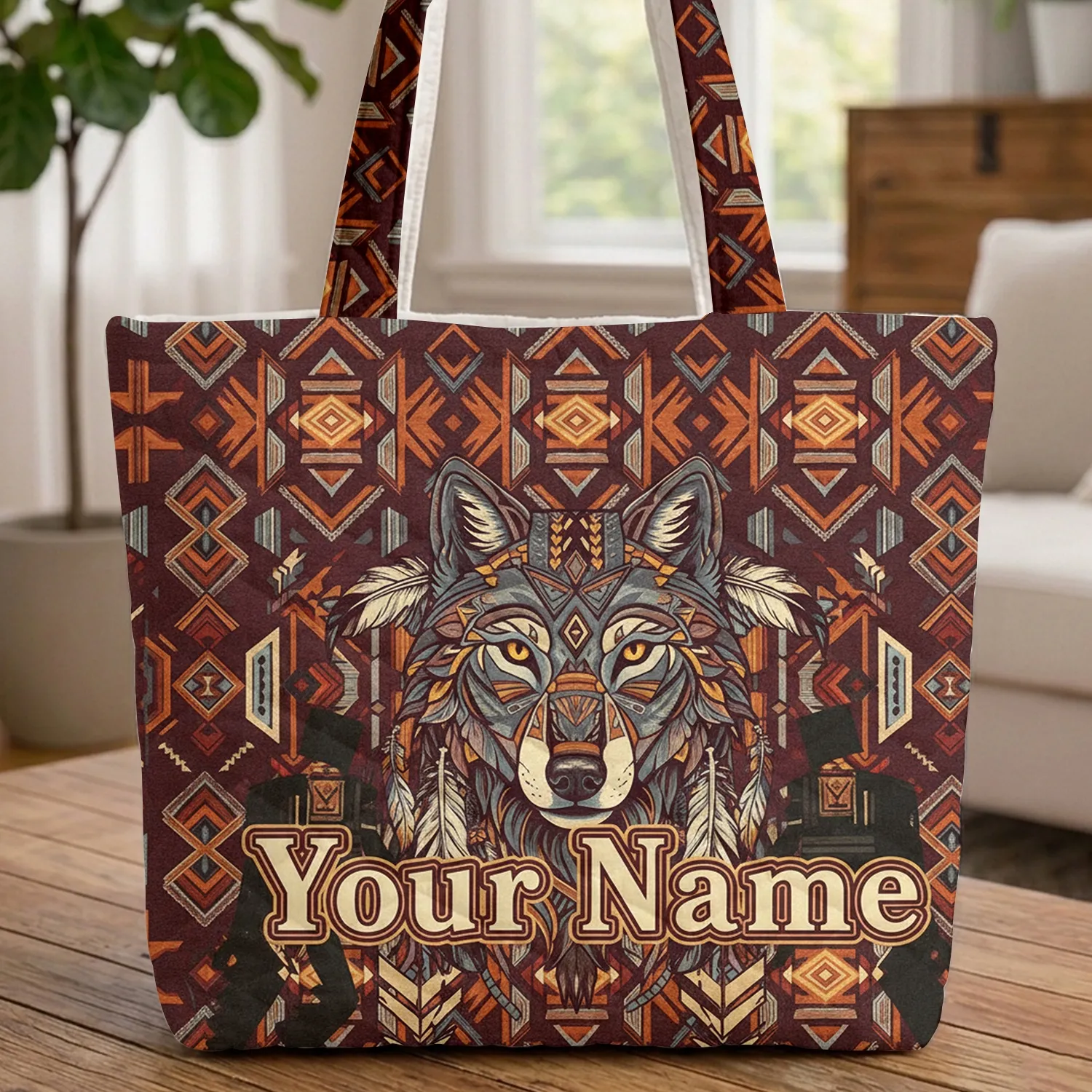 Majestic Wolf Head Tribal Feathers Inspired - Everyday Carry Gift for Wildlife Lover Quilted Tote Bag - 1