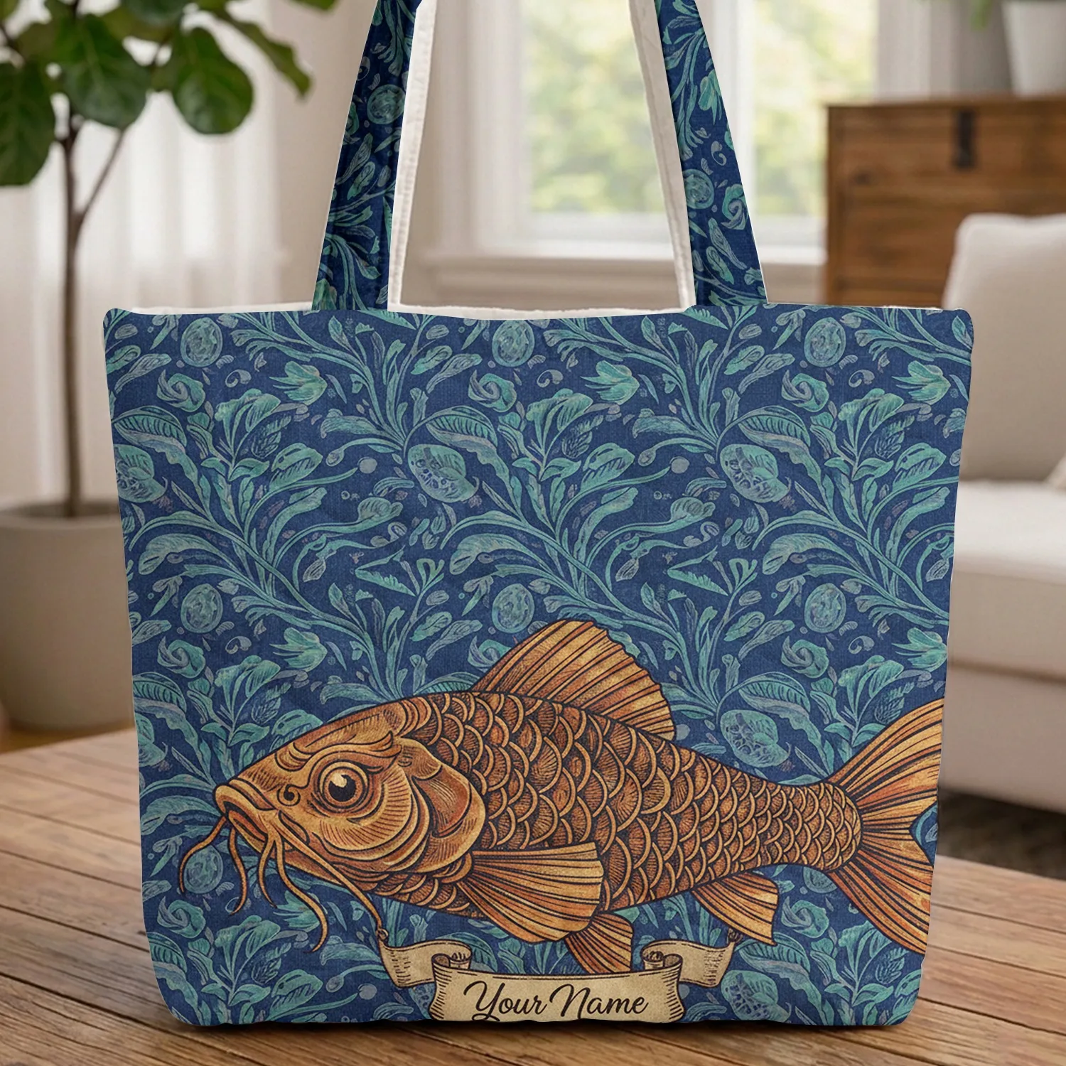 Ornate Fish Water Ripple Name Scroll - Everyday Carry Gift for Fish Lover Quilted Tote Bag - 1