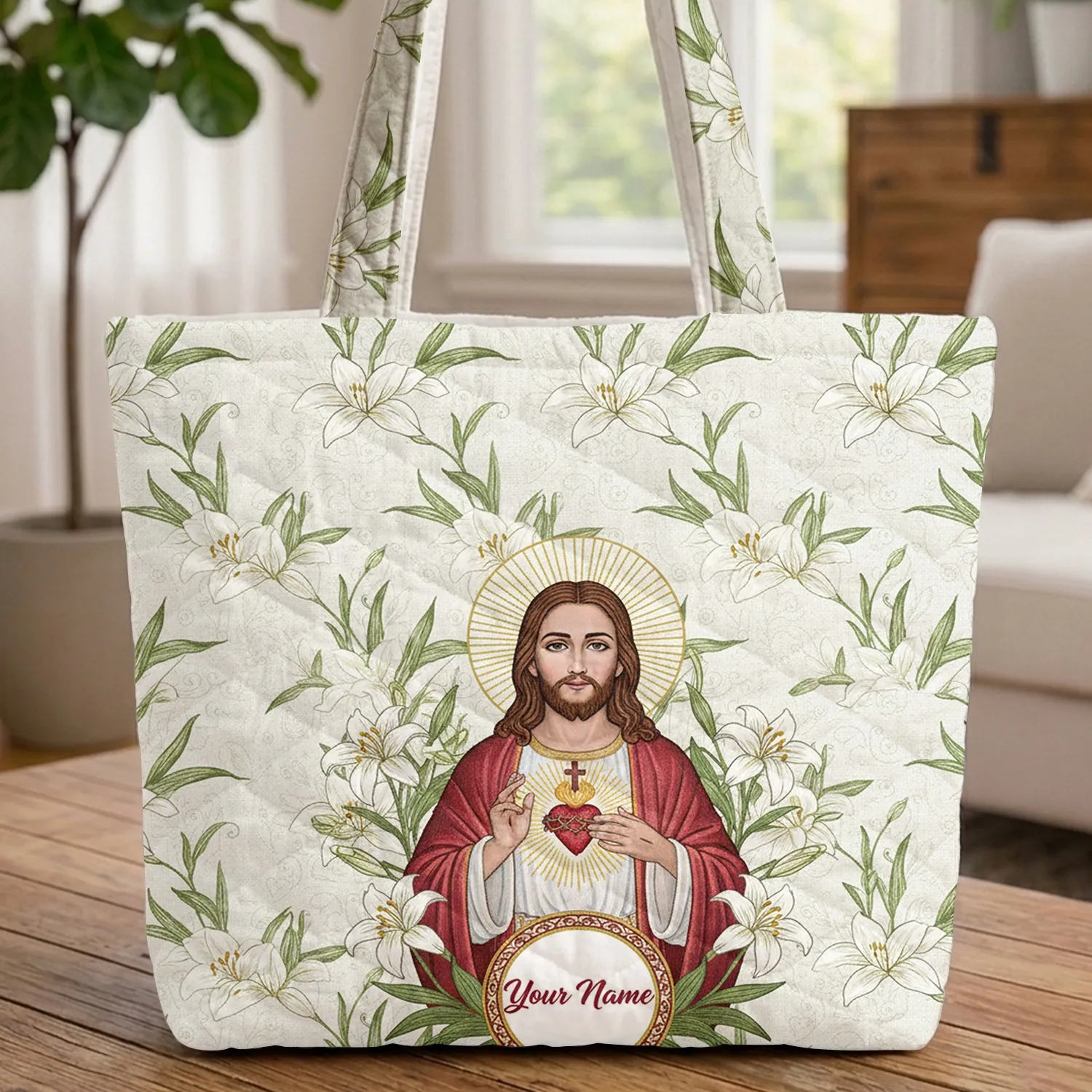 Jesus Christ Sacred Heart Golden Halo White Lilies - Christian Faith Everyday Carry Gift Quilted Tote Bag - 1