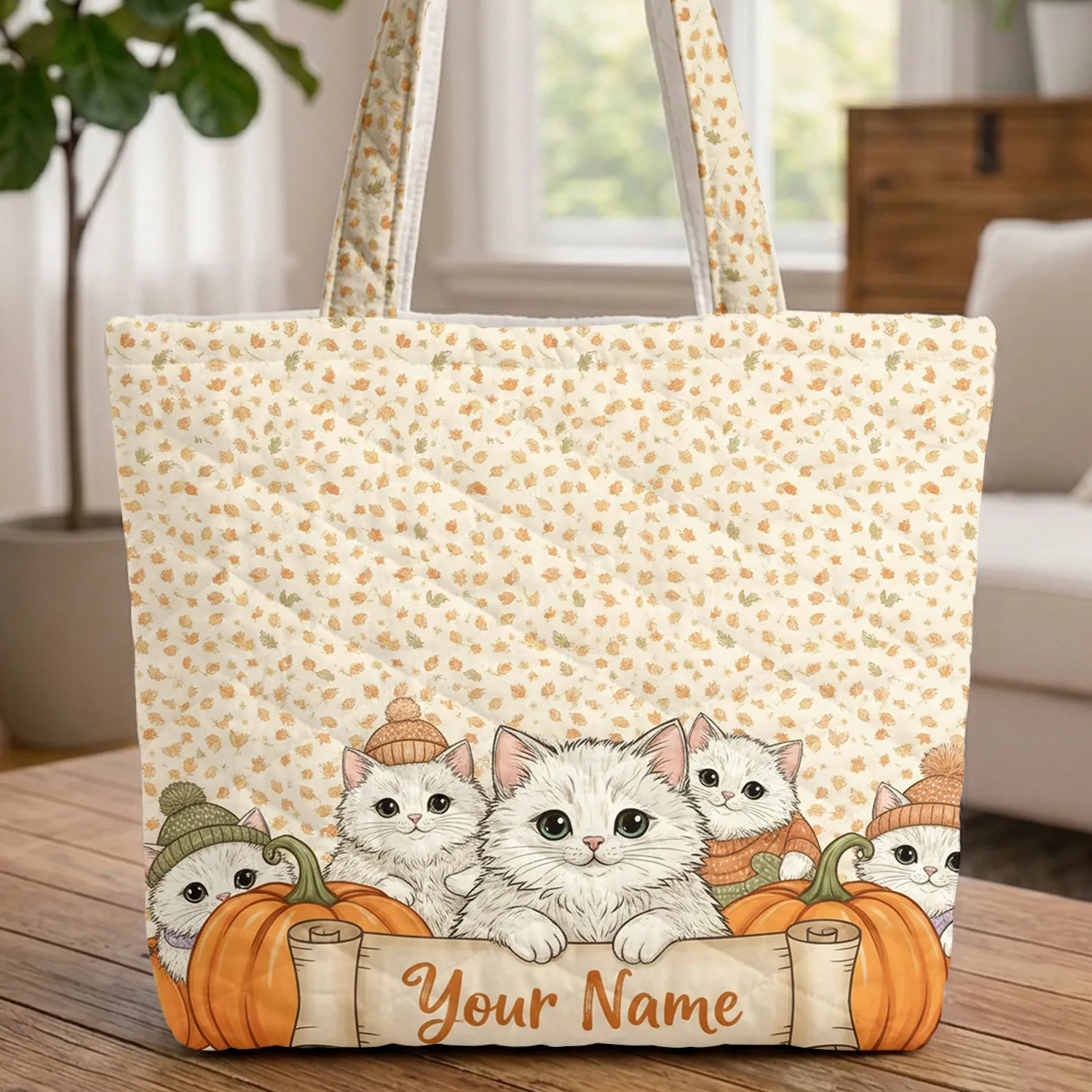 Kittens Knitted Hats Pumpkins Autumn Leaves Cat Lover Everyday Carry Gift Quilted Tote Bag - 1