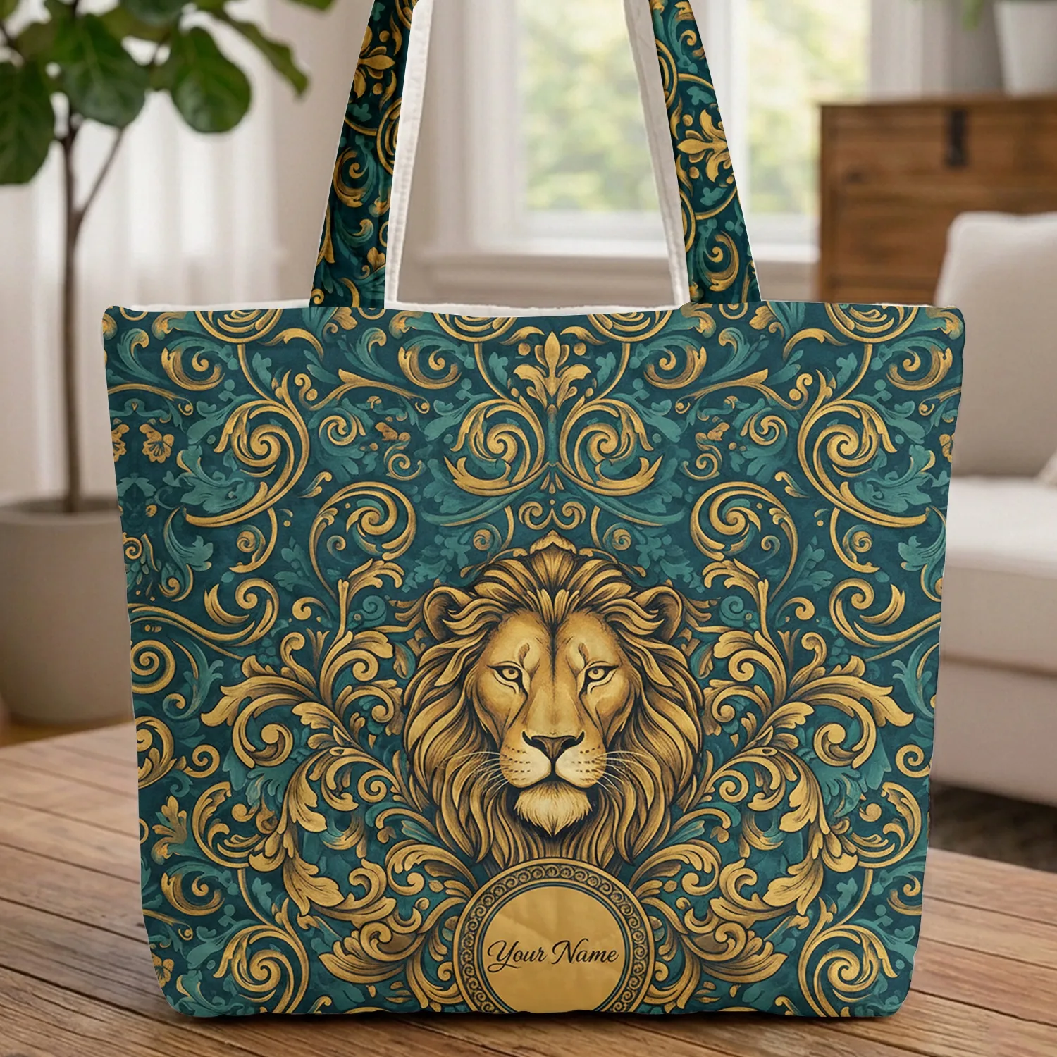 Regal Lion's Head Swirling Foliage Personalized Name Everyday Carry Gift Quilted Tote Bag - 1