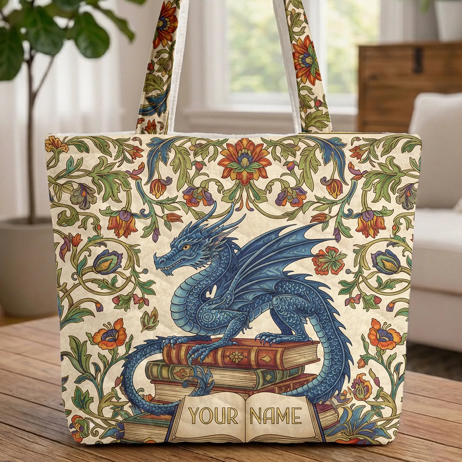 Ornate Blue Dragon Ancient Books Golden Filigree Botanical Personalized Travel Essentials Book Lover Gift Quilted Tote Bag - 1
