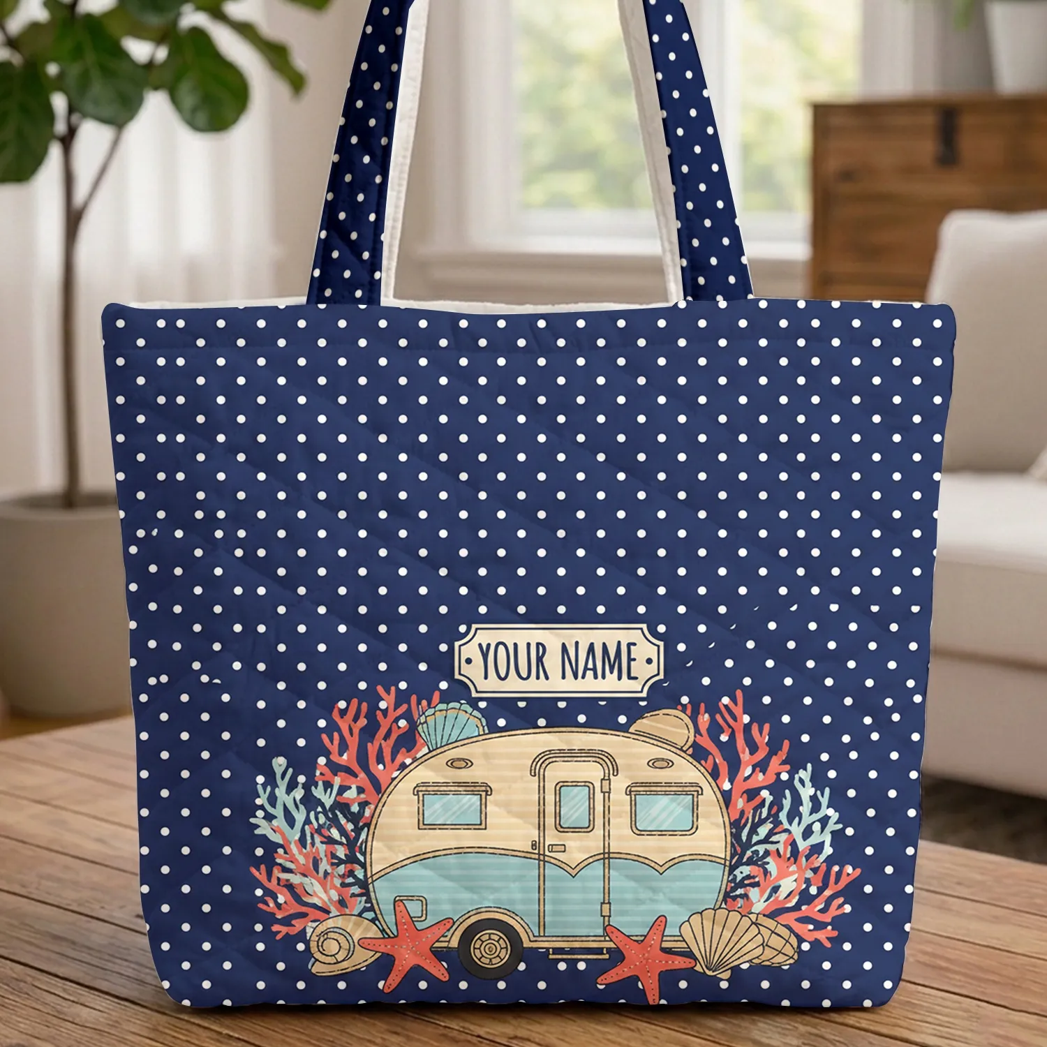 Vintage Travel Trailer Starfish Seashells Travel Essentials Gift for Camper Lover Quilted Tote Bag - 1
