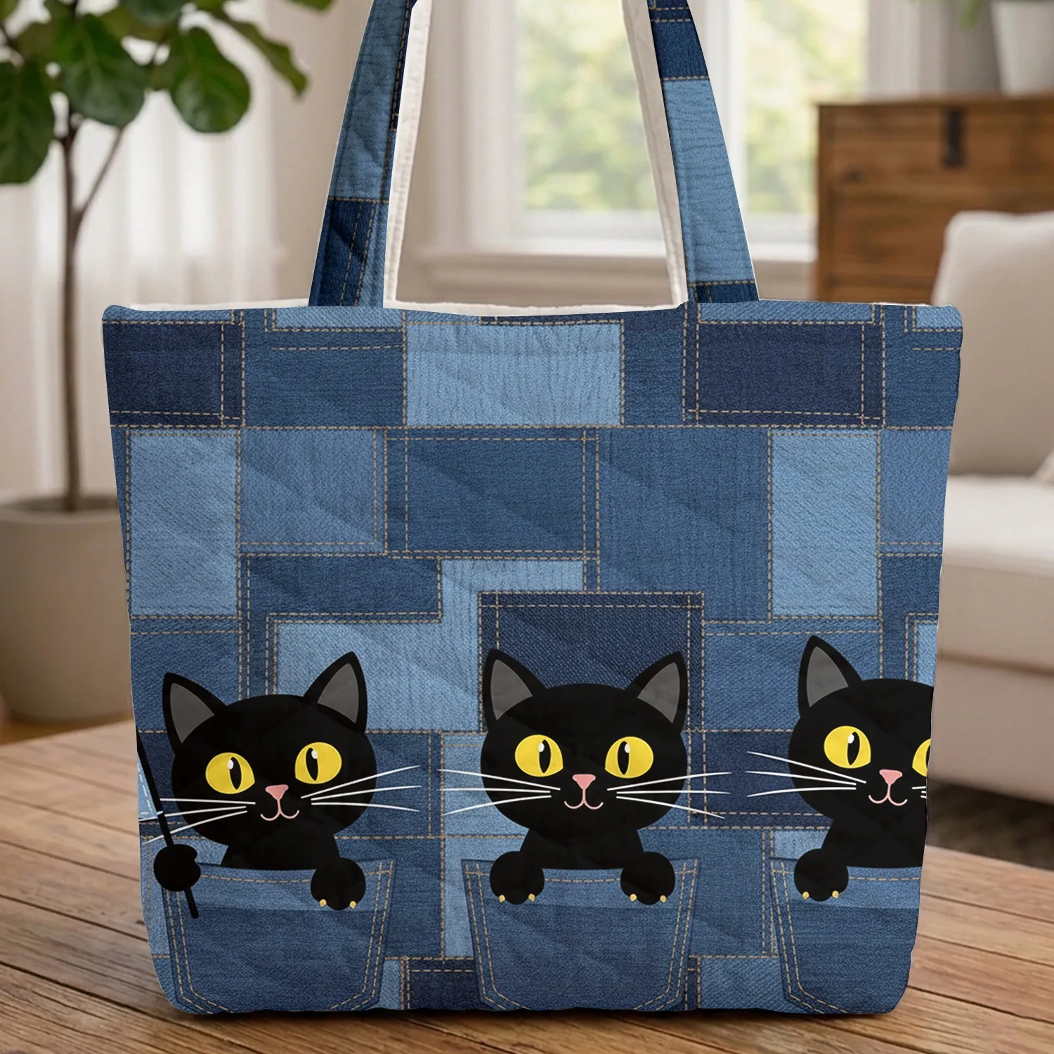 Black Cat Denim Patchwork Personalized Name - Feline Lover Everyday Carry Gift Quilted Tote Bag - 1