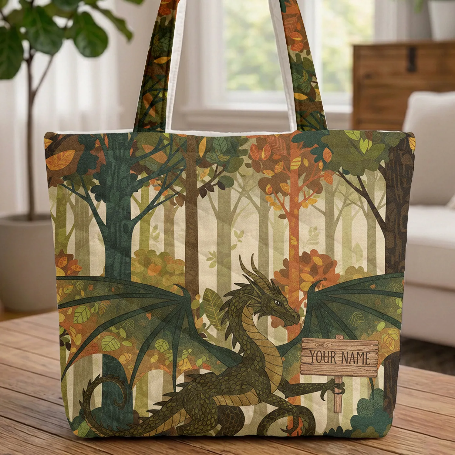 Dragon Forest Personalized Name Sign - Everyday Carry Gift for Dragon Lover Quilted Tote Bag - 1