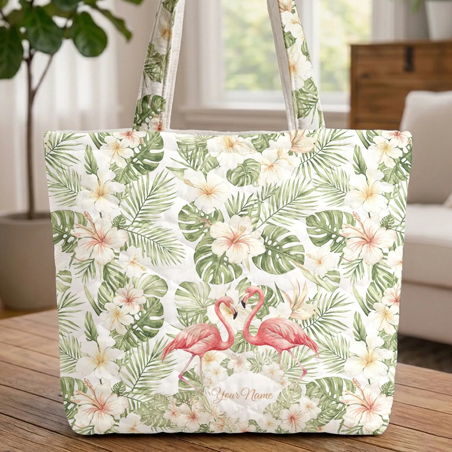 Pink Flamingos Hibiscus Floral Tropical - Everyday Carry Gift for Flamingo Lover Quilted Tote Bag - 1