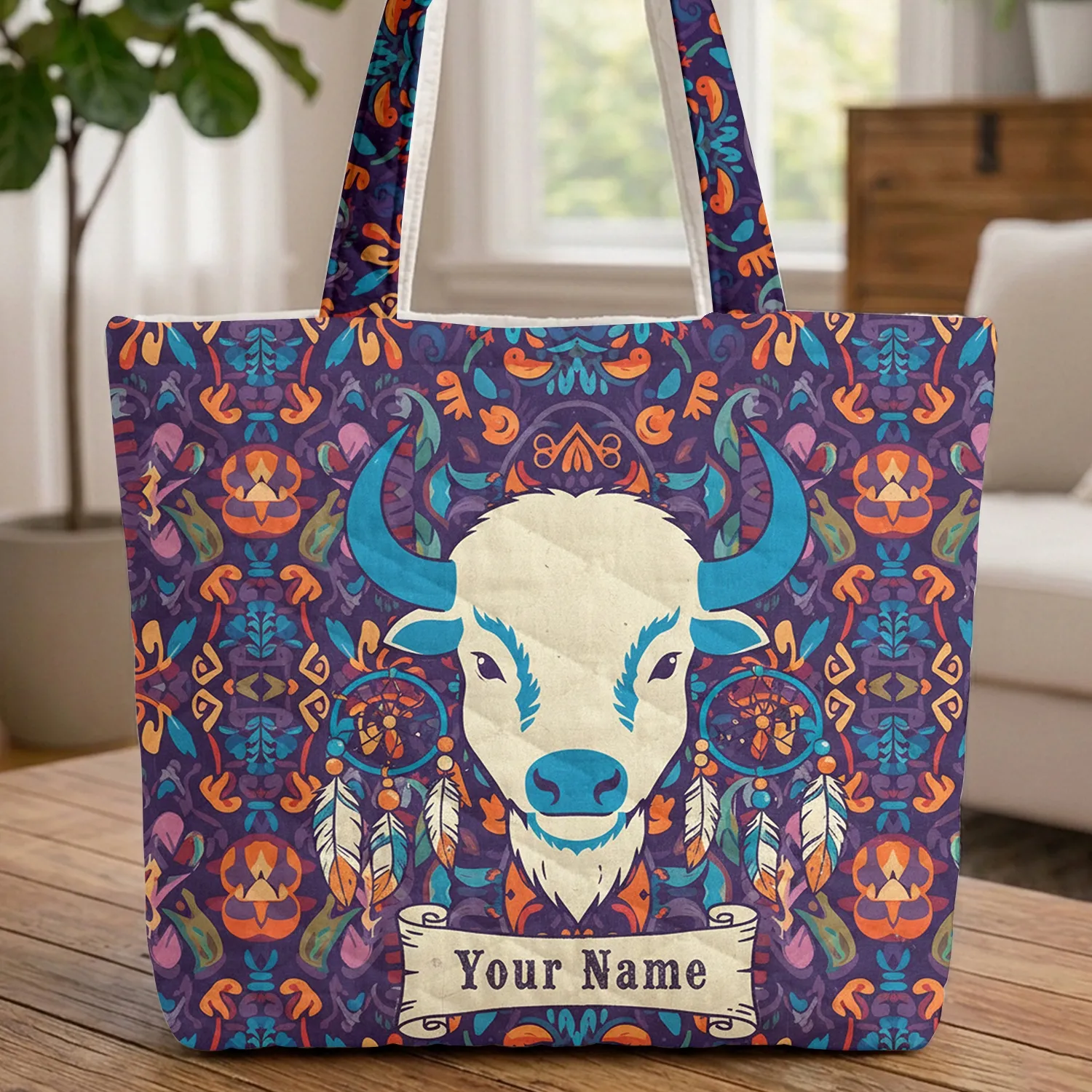 Fluid Organic Blue Horn Bison Dreamcatcher Personal Name - Western Lover Gift Quilted Tote Bag - 1