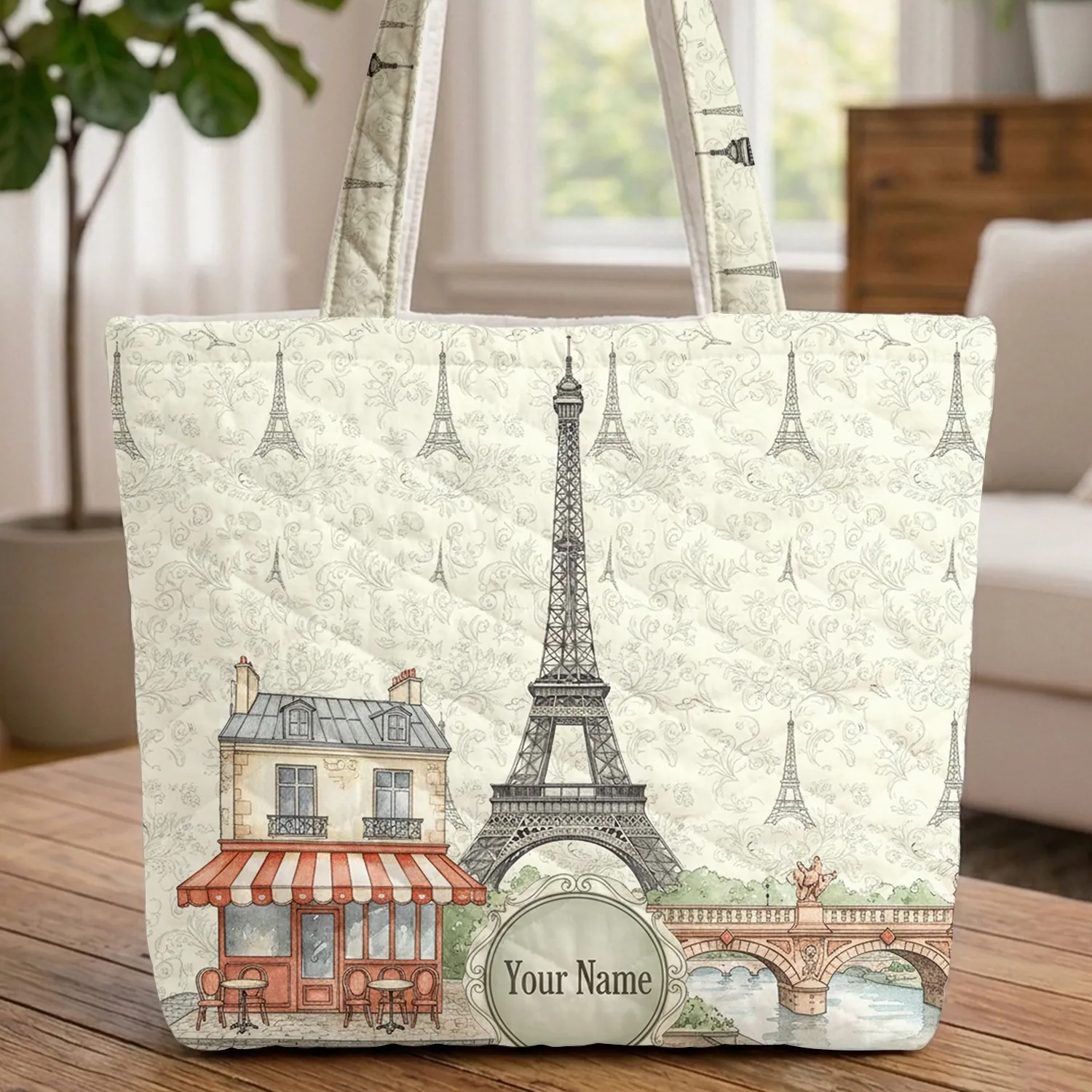 Personalized Your Name Eiffel Tower Parisian Cafe River Bridge Travel Essentials Quilted Tote Bag - 1