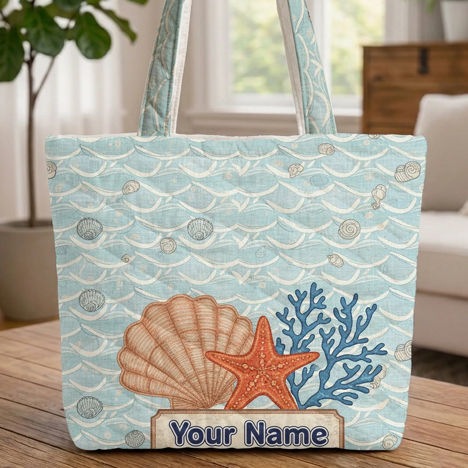 Conch Starfish Coral Ocean Ripple Shell Outlines - Travel Essentials Everyday Carry Gift Quilted Tote Bag - 1