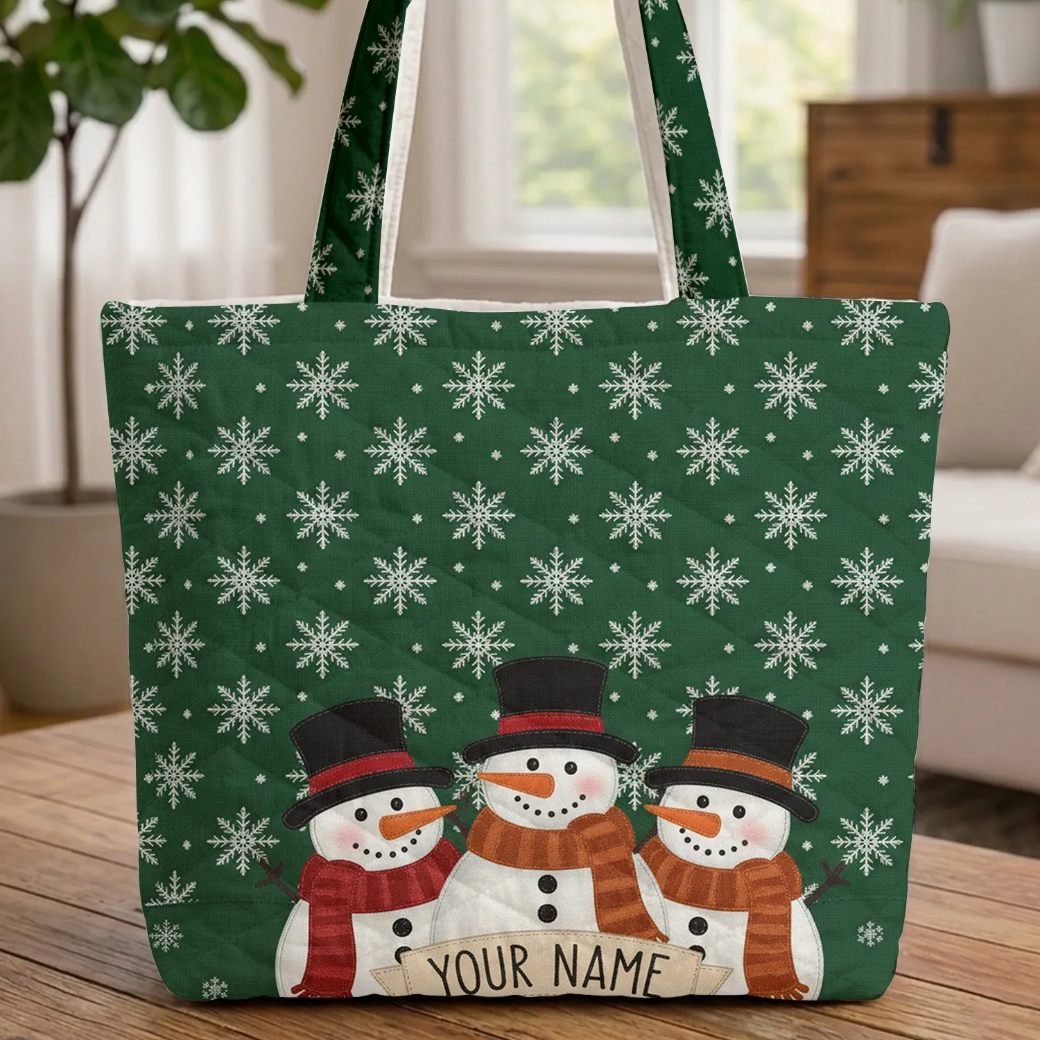Applique Quilt Snowmen Snowflakes Christmas Gift Personalized for Her Quilted Tote Bag - 1