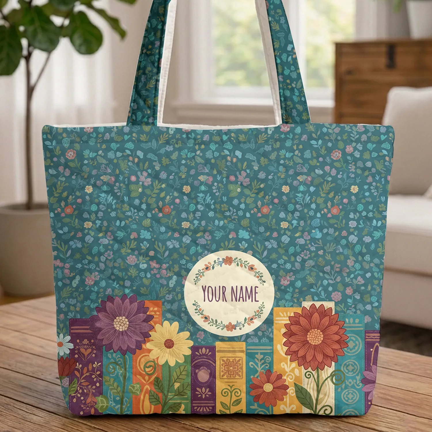 Whimsical Storybook Spines Quilted Floral Garden Leaves Berry Clusters - Everyday Carry Gift Quilted Tote Bag - 1