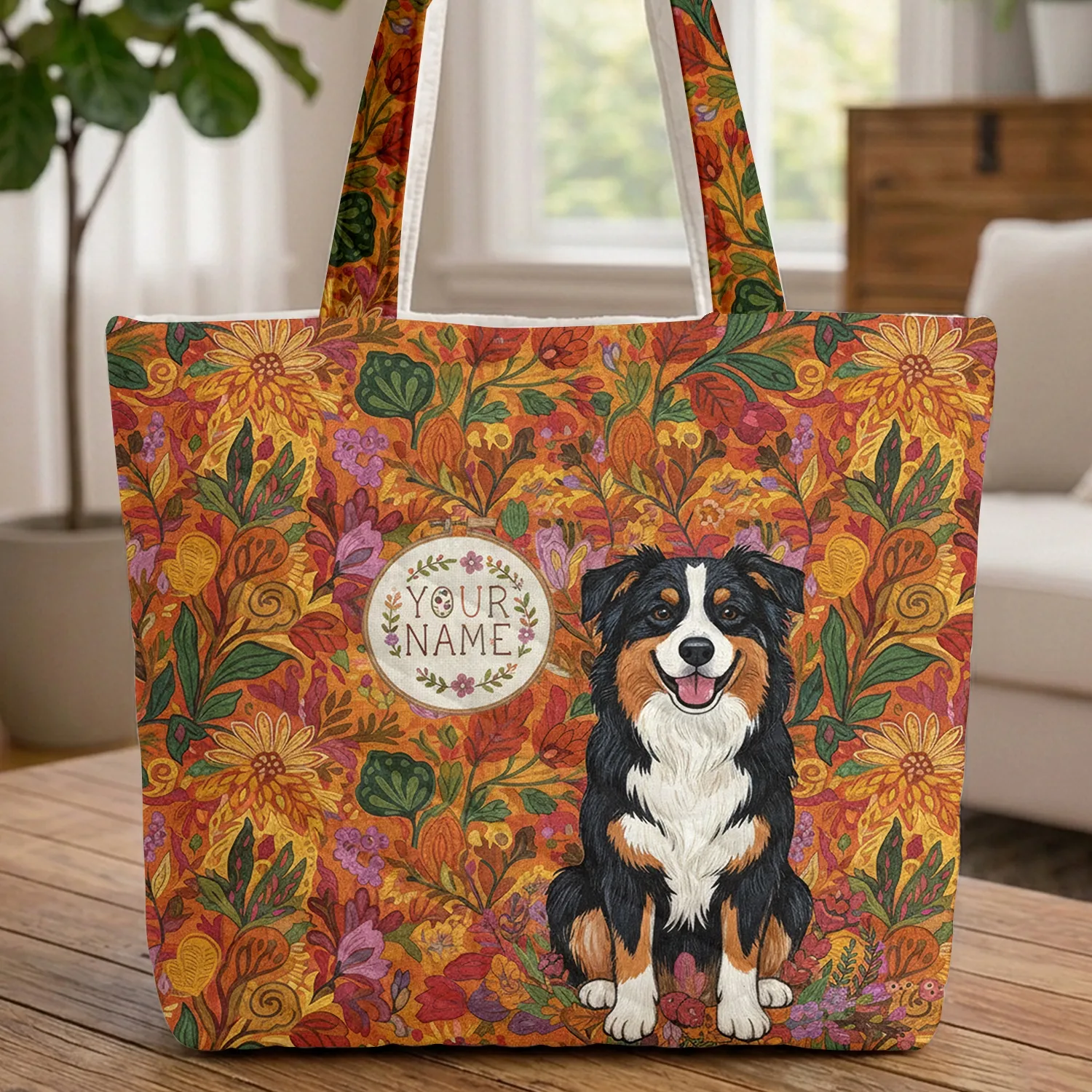 Australian Shepherd Mountain Wildflowers Name Everyday Carry Dog Lover Gift Quilted Tote Bag - 1