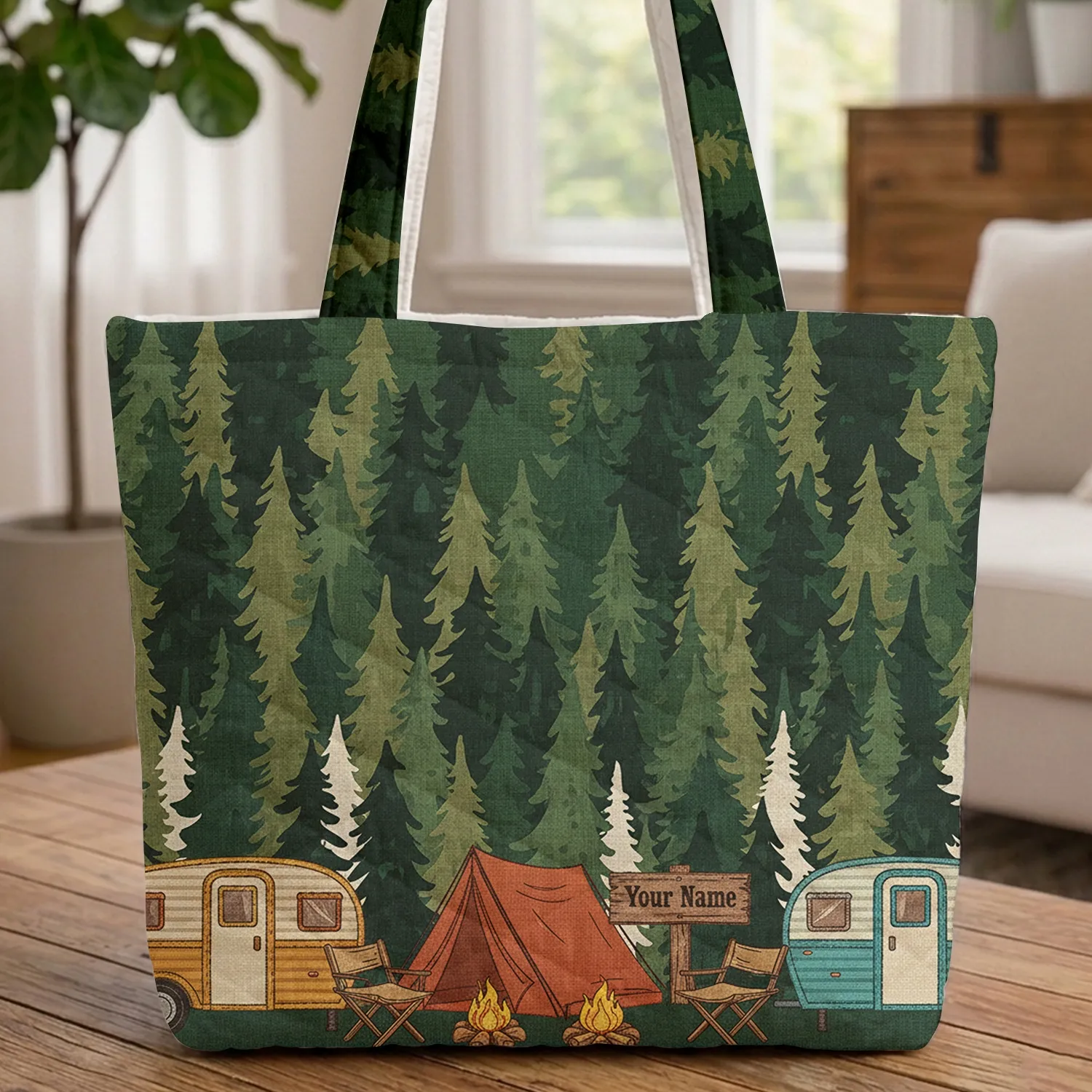 Vintage Camper Tent Campfire Pine Forest - Travel Essentials Camping Lover Gift Quilted Tote Bag - 1