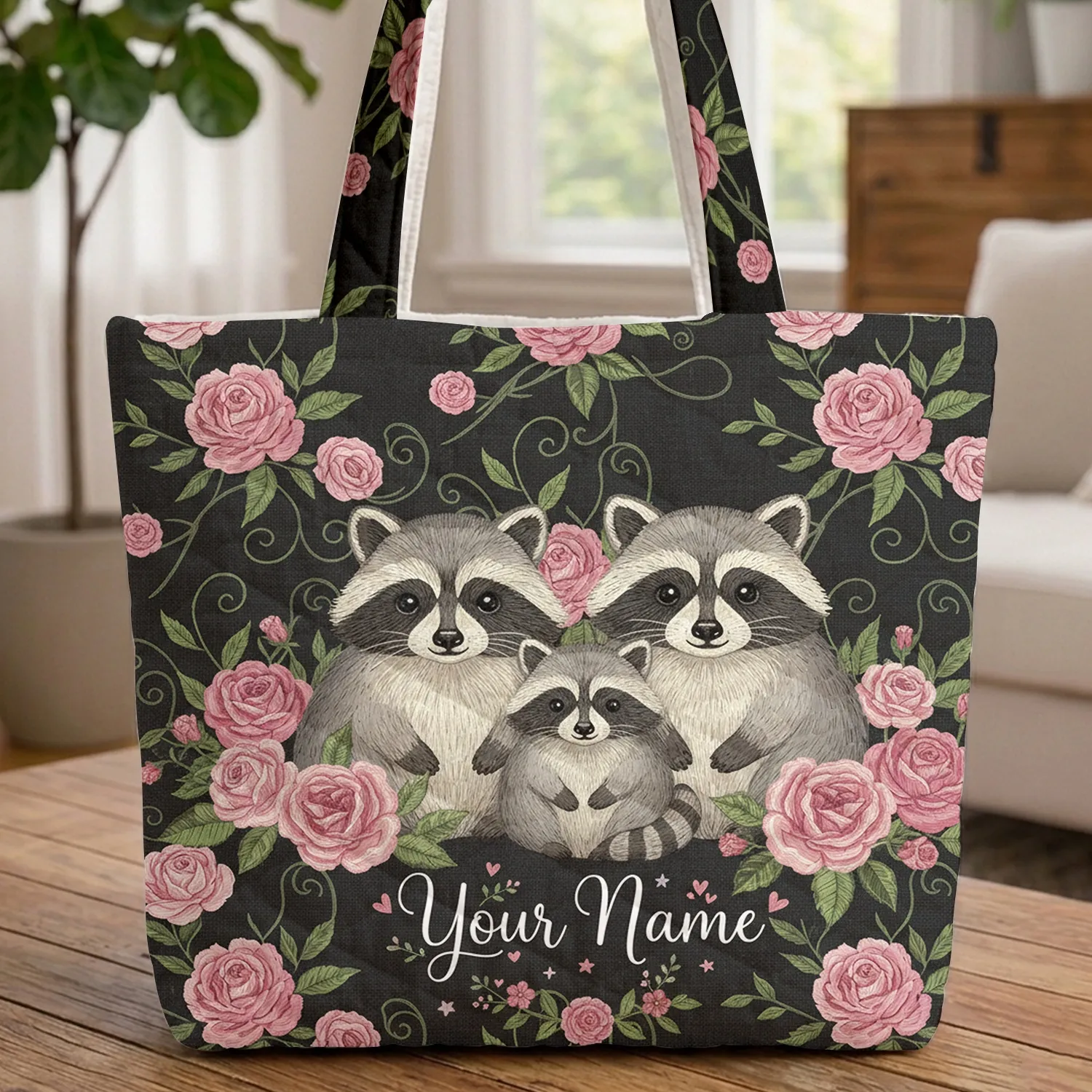 Raccoon Family Pink Roses Floral Wreath - Wildlife Lover Everyday Carry Gift Quilted Tote Bag - 1