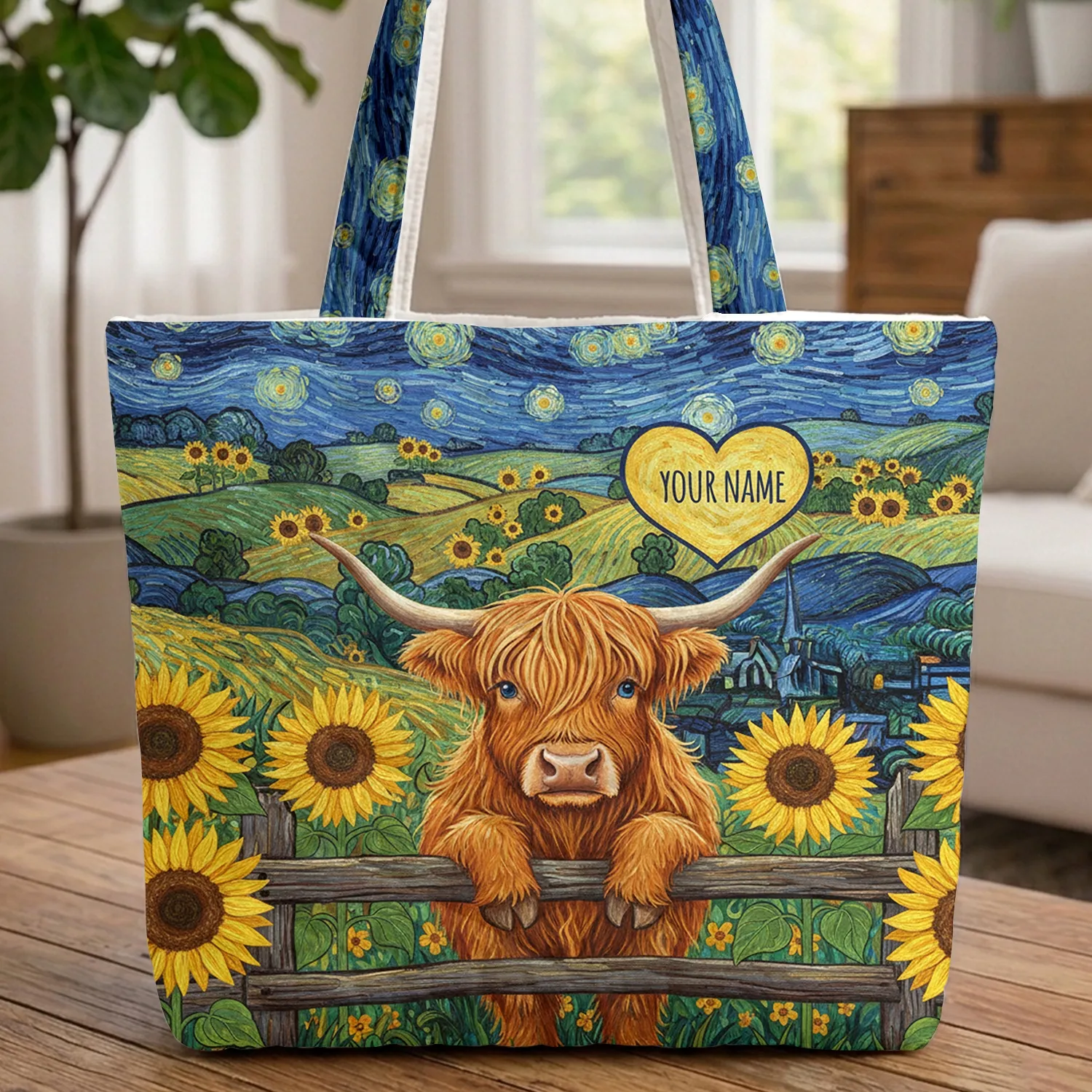 Highland Cow Sunflowers Name Heart - Lifestyle Everyday Carry Gift for Cow Lover Quilted Tote Bag - 1