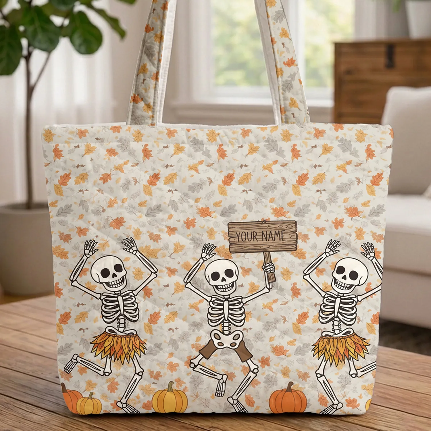 Cute Dancing Skeletons Autumn Pumpkins - Halloween Everyday Carry Gift Quilted Tote Bag - 1
