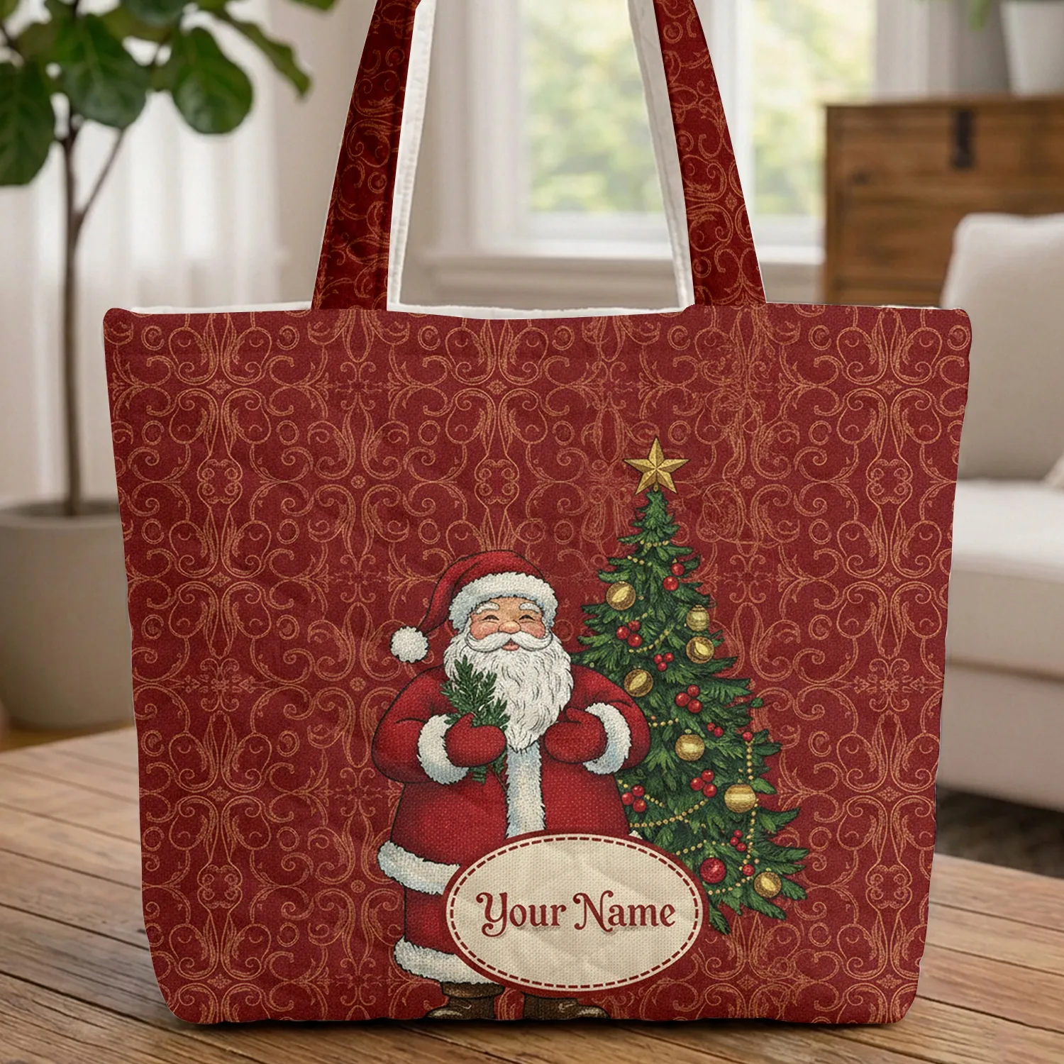 Swirling Filigree Scrollwork Santa Claus Christmas Tree - Everyday Carry Christmas Gift Quilted Tote Bag - 1