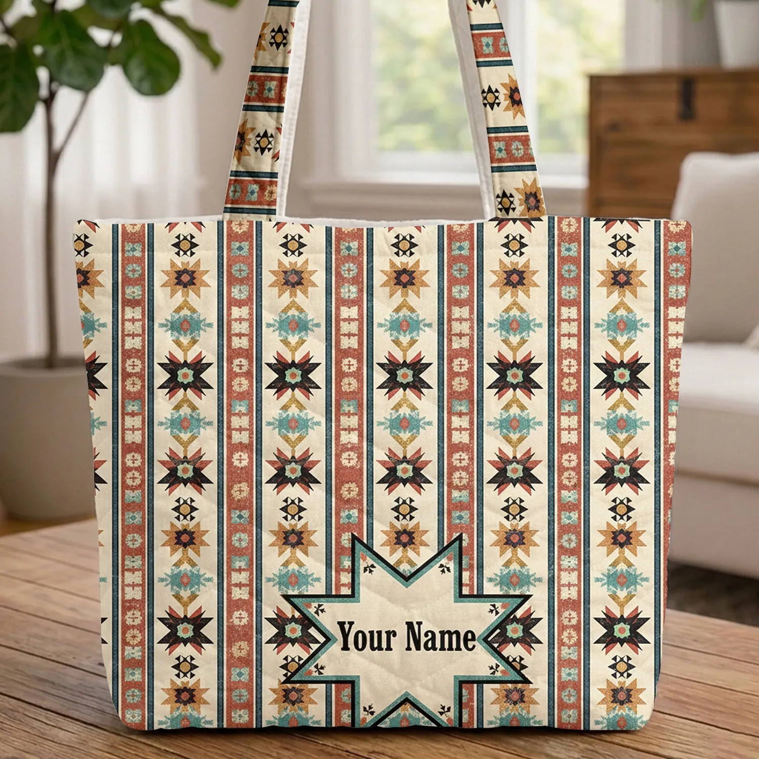 Cowboy Native American Geometric Star Stepped Vertical Stripes - Everyday Carry Gift Quilted Tote Bag - 1