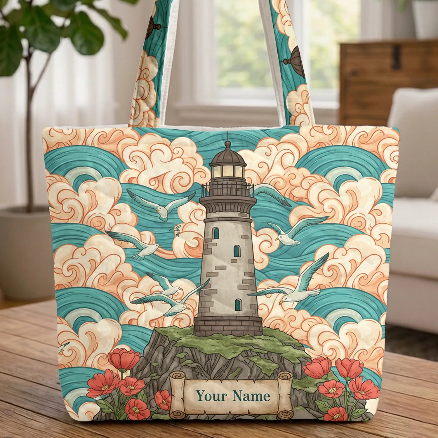 Lighthouse Cliff Seagulls Ocean Name Scroll Everyday Carry Gift for Ocean Lover Quilted Tote Bag - 1