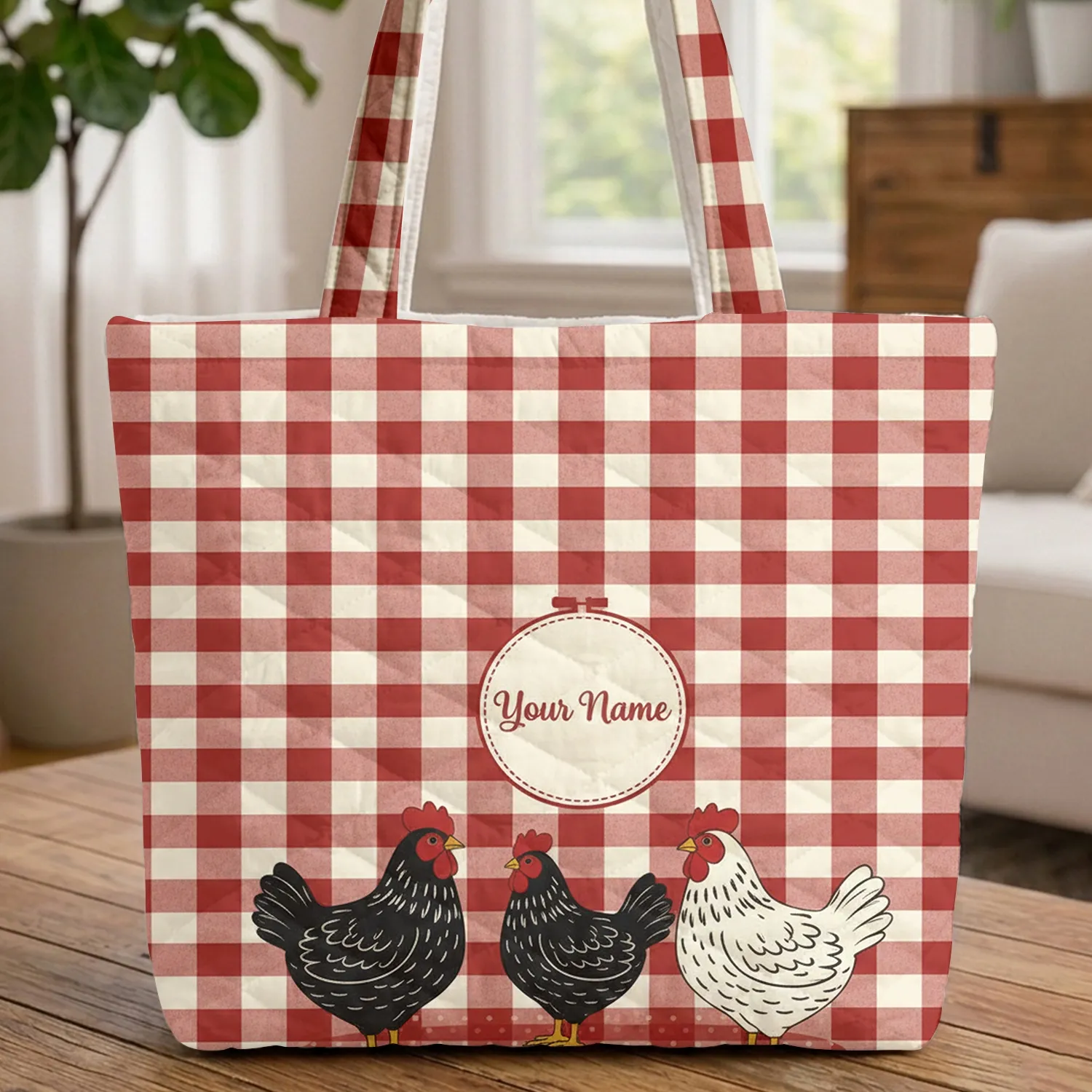 Red Gingham Three Speckled Chickens - Country Living Chicken Lover Gift for Farmers Quilted Tote Bag - 1