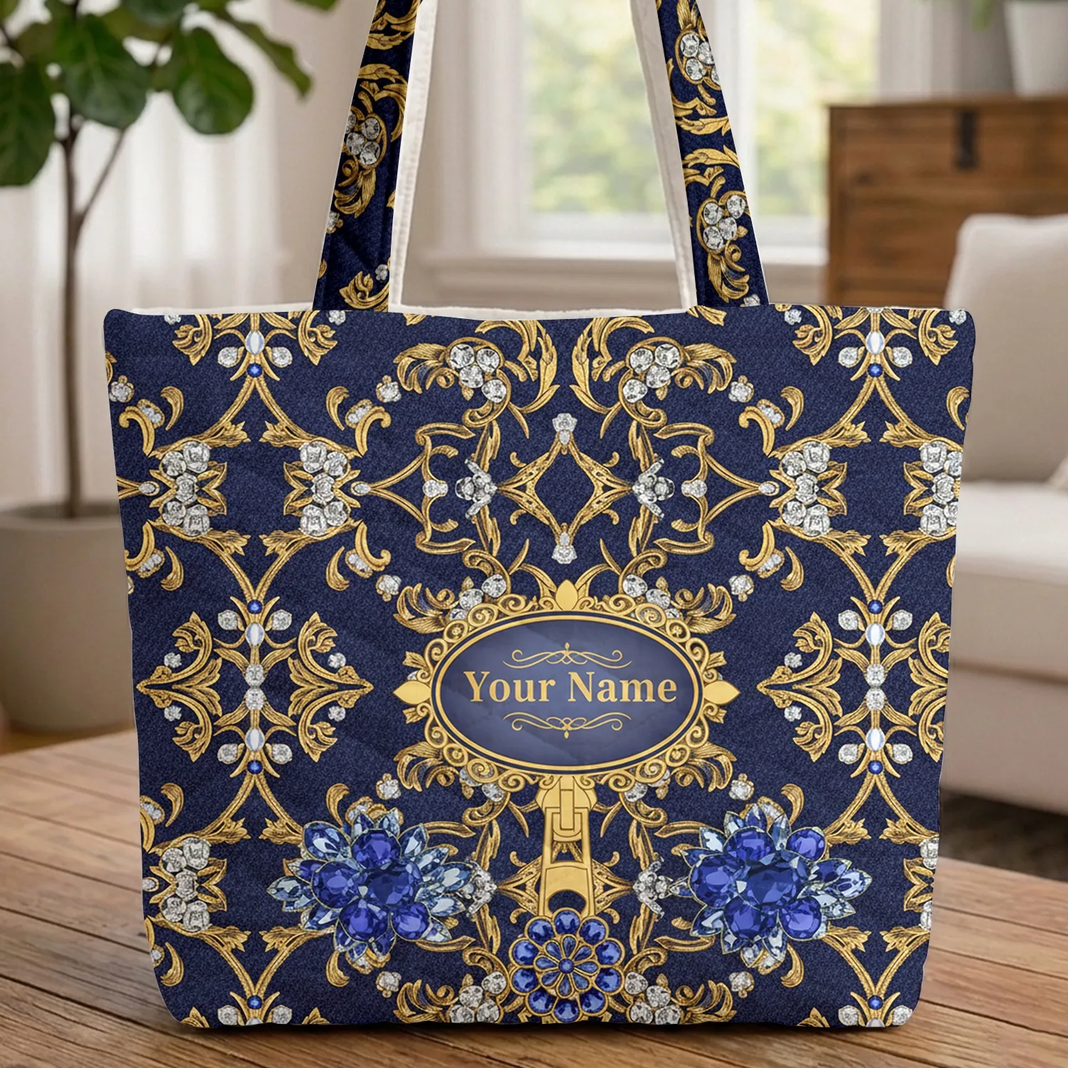 Personalized Oval Medallion Jeweled Floral Golden Zipper - Everyday Carry Gift Quilted Tote Bag - 1