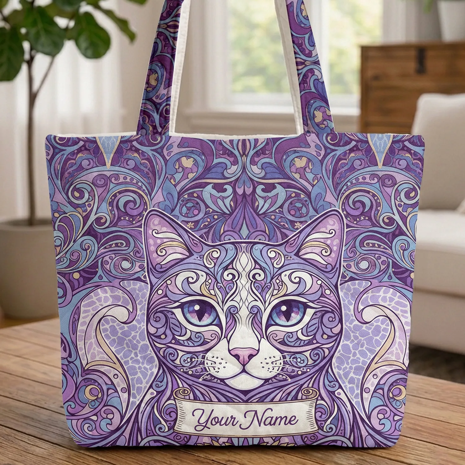 Paisley Floral Swirls Cat Face Curved Scroll Everyday Carry Gift Quilted Tote Bag - 1