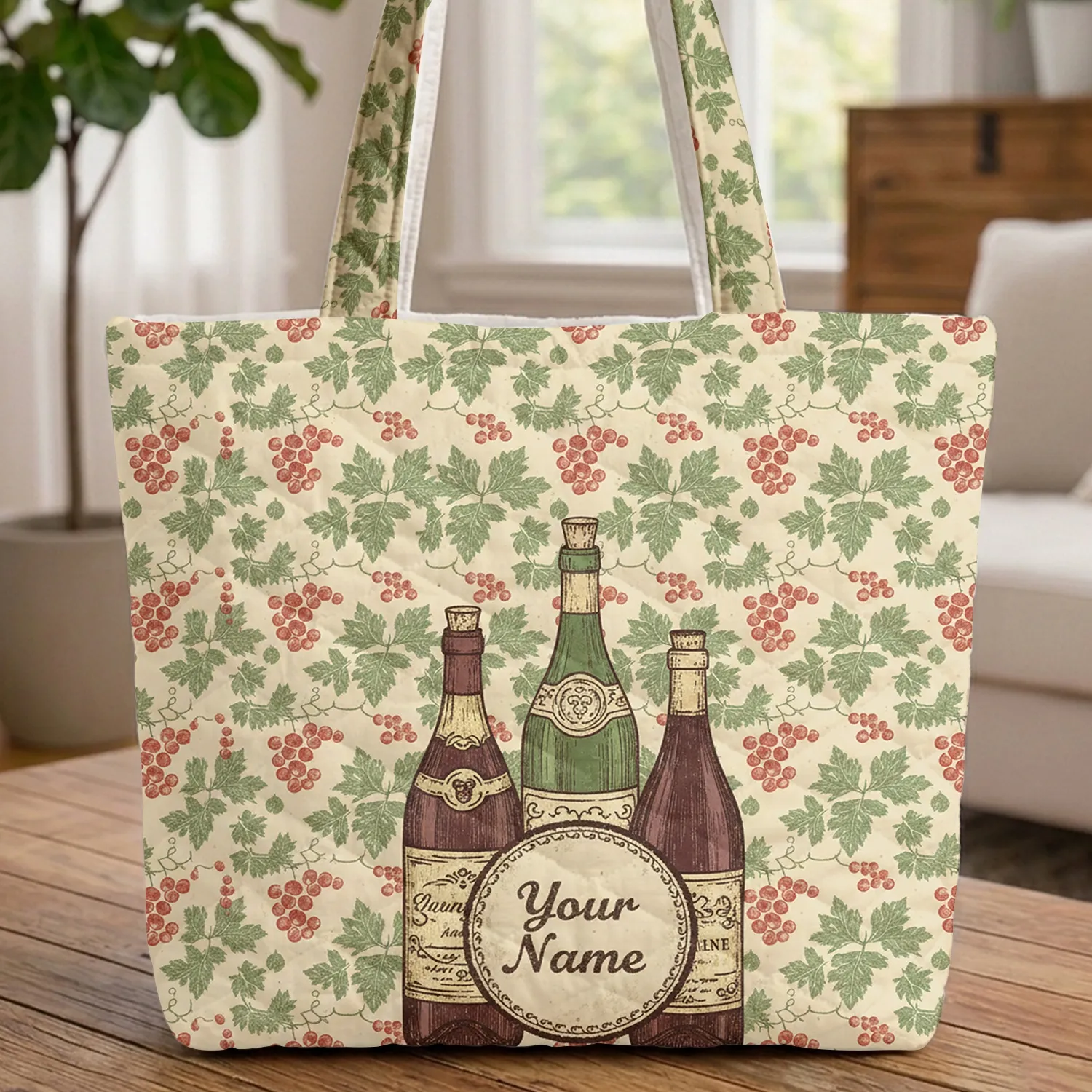 Scattered Grape Clusters Vine Leaves Wine Bottles - Vineyard Visit Gift for Wine Lovers Quilted Tote Bag - 1