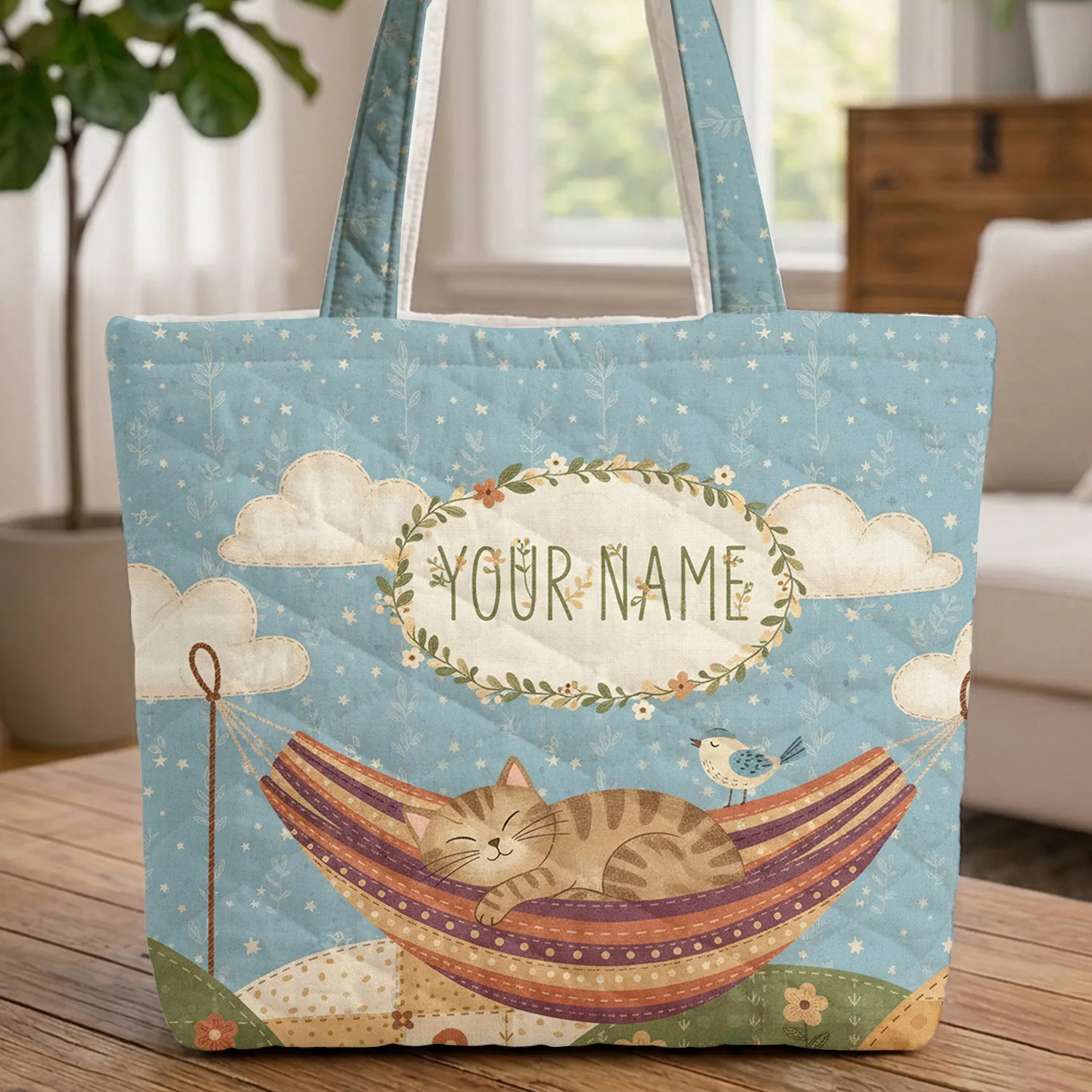 Sleeping Tabby Cat Hammock Personalized Everyday Carry Gift for Cat Lover Quilted Tote Bag - 1