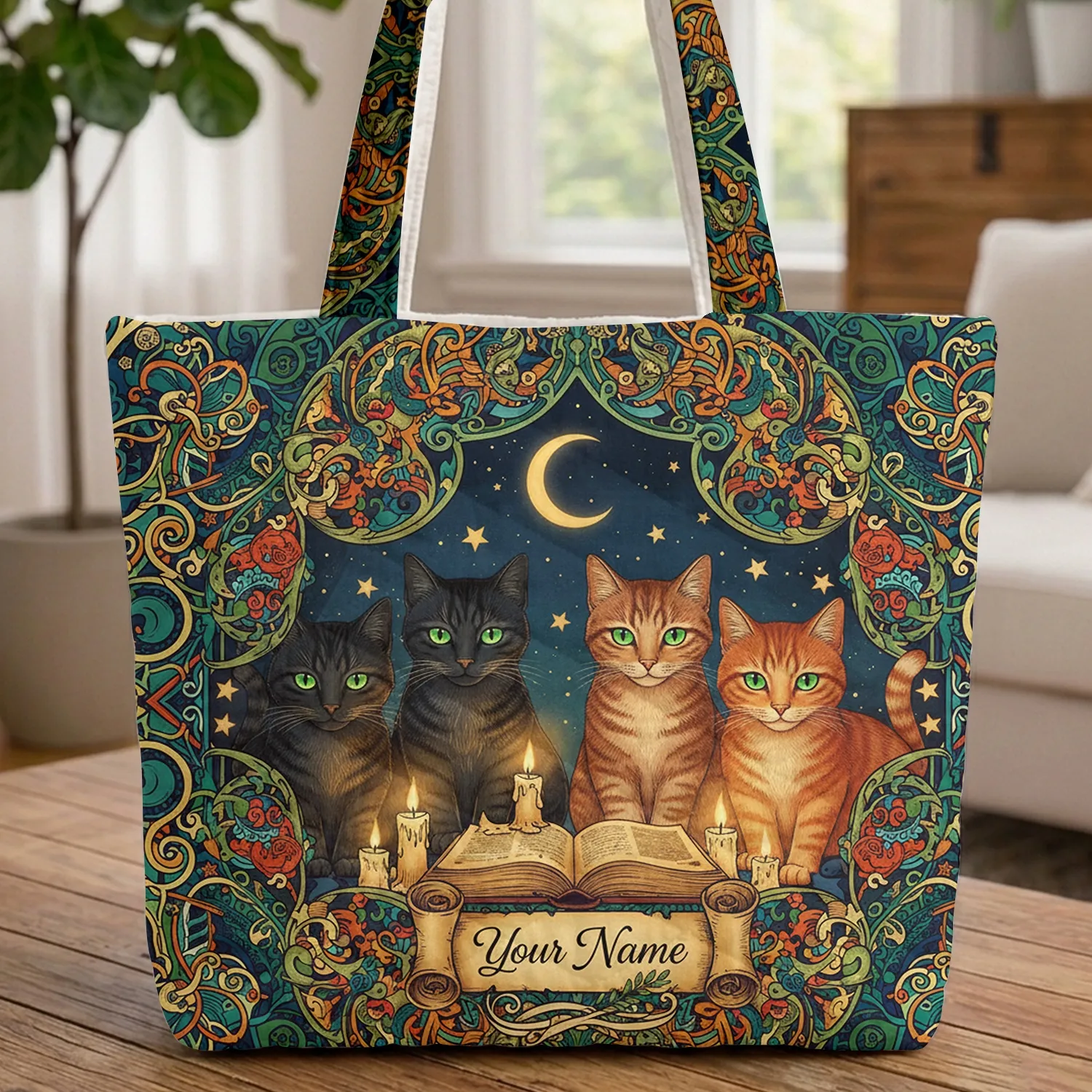 Ornate Cats Magical Book Celtic Knotwork Starry Night - Everyday Carry Gift for Cat Lover Quilted Tote Bag - 1