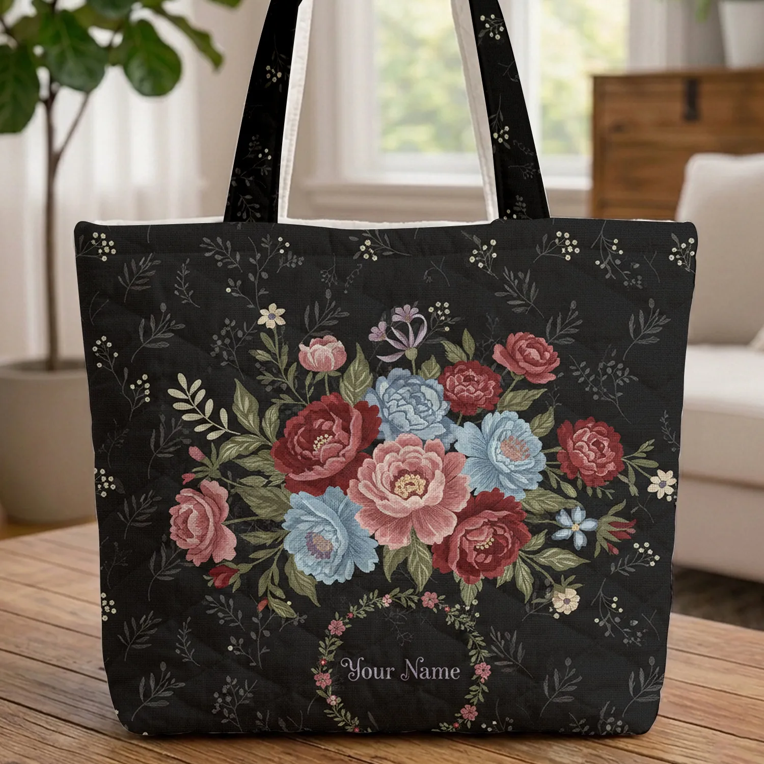 Tapestry Floral Peony Rose Wreath - Everyday Carry Gift Quilted Tote Bag - 1
