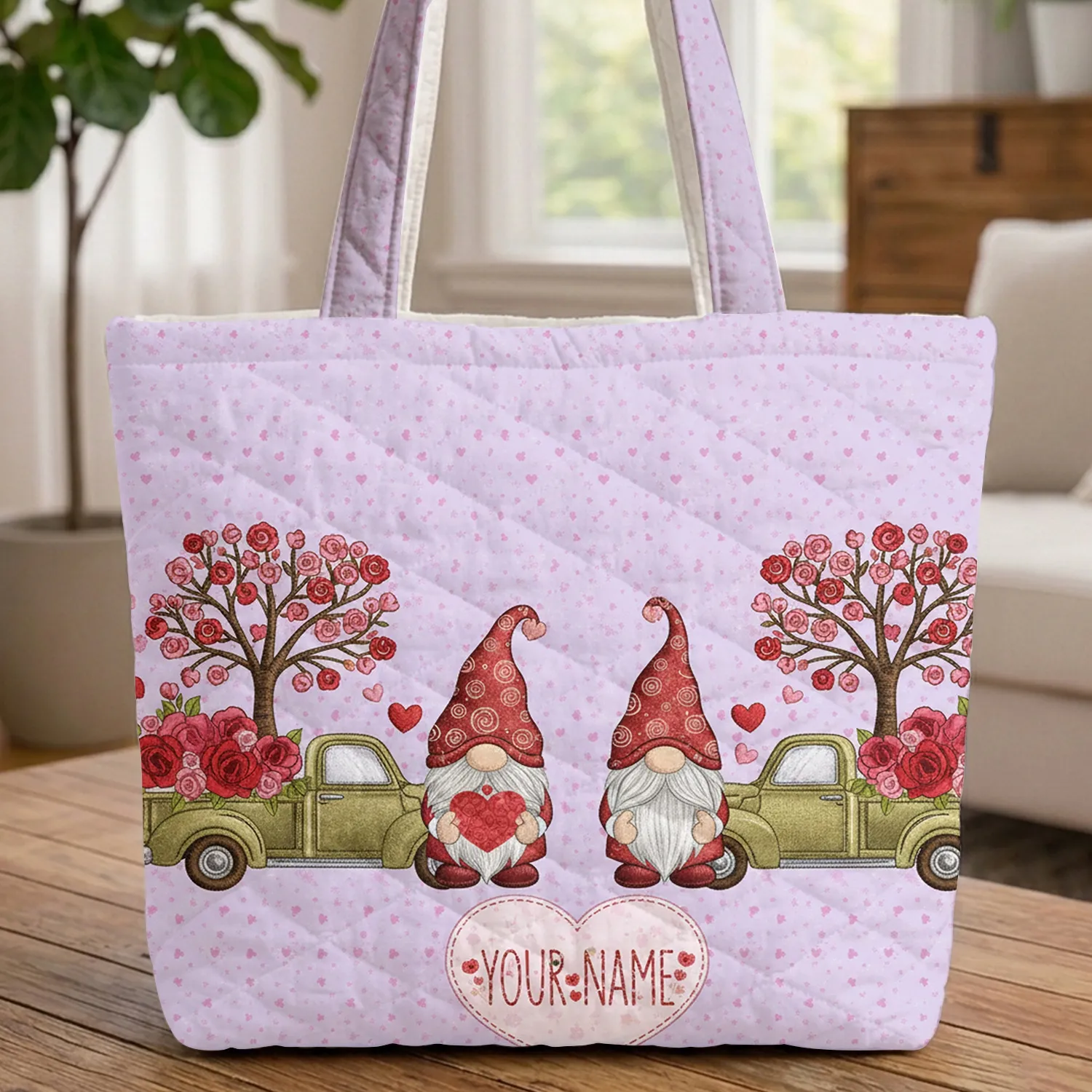 Gnomes Vintage Pickup Trucks Overflowing Roses Hearts - Everyday Carry Gift Quilted Tote Bag - 1