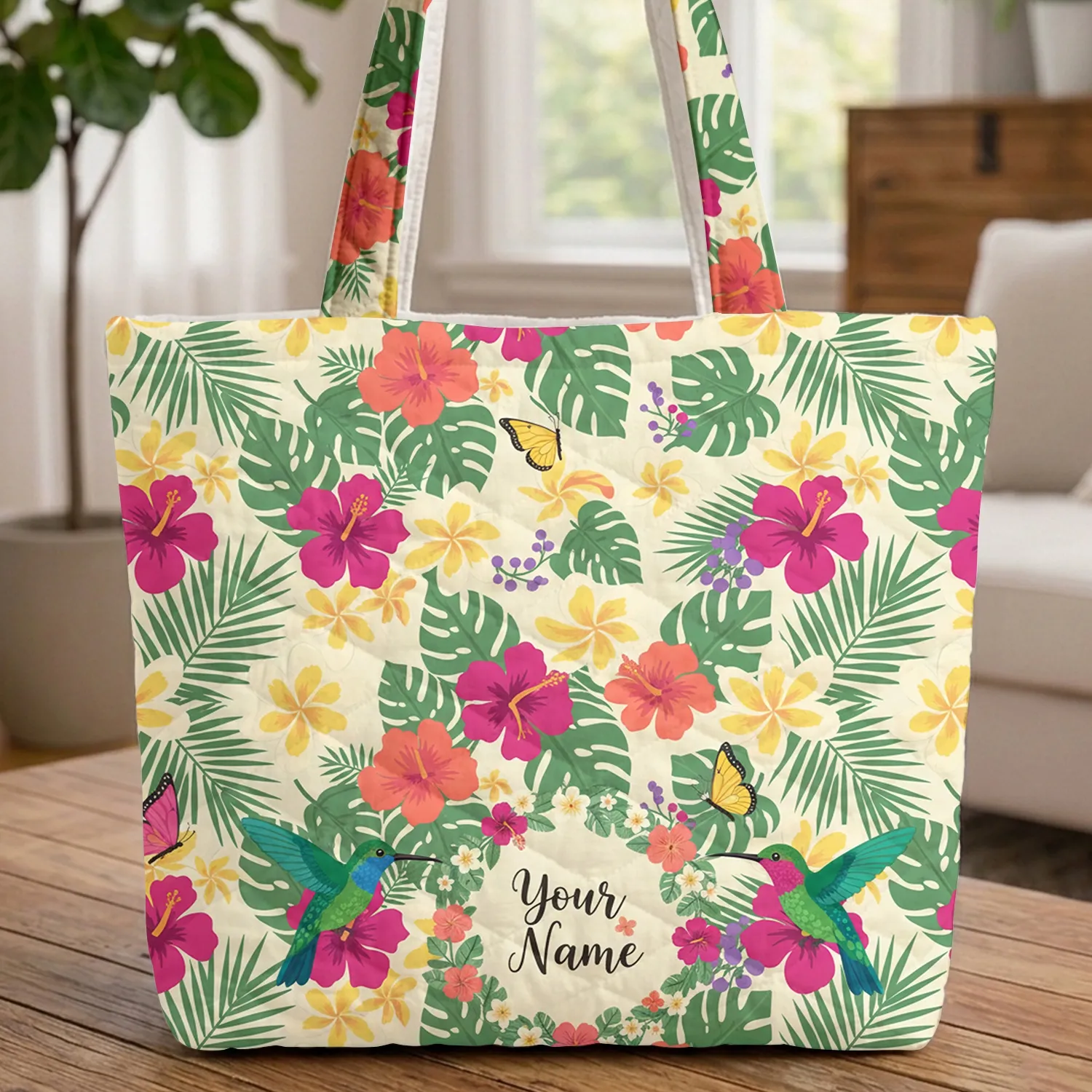 Hummingbirds Butterflies Tropical Name Wreath - Everyday Carry Gift Quilted Tote Bag - 1