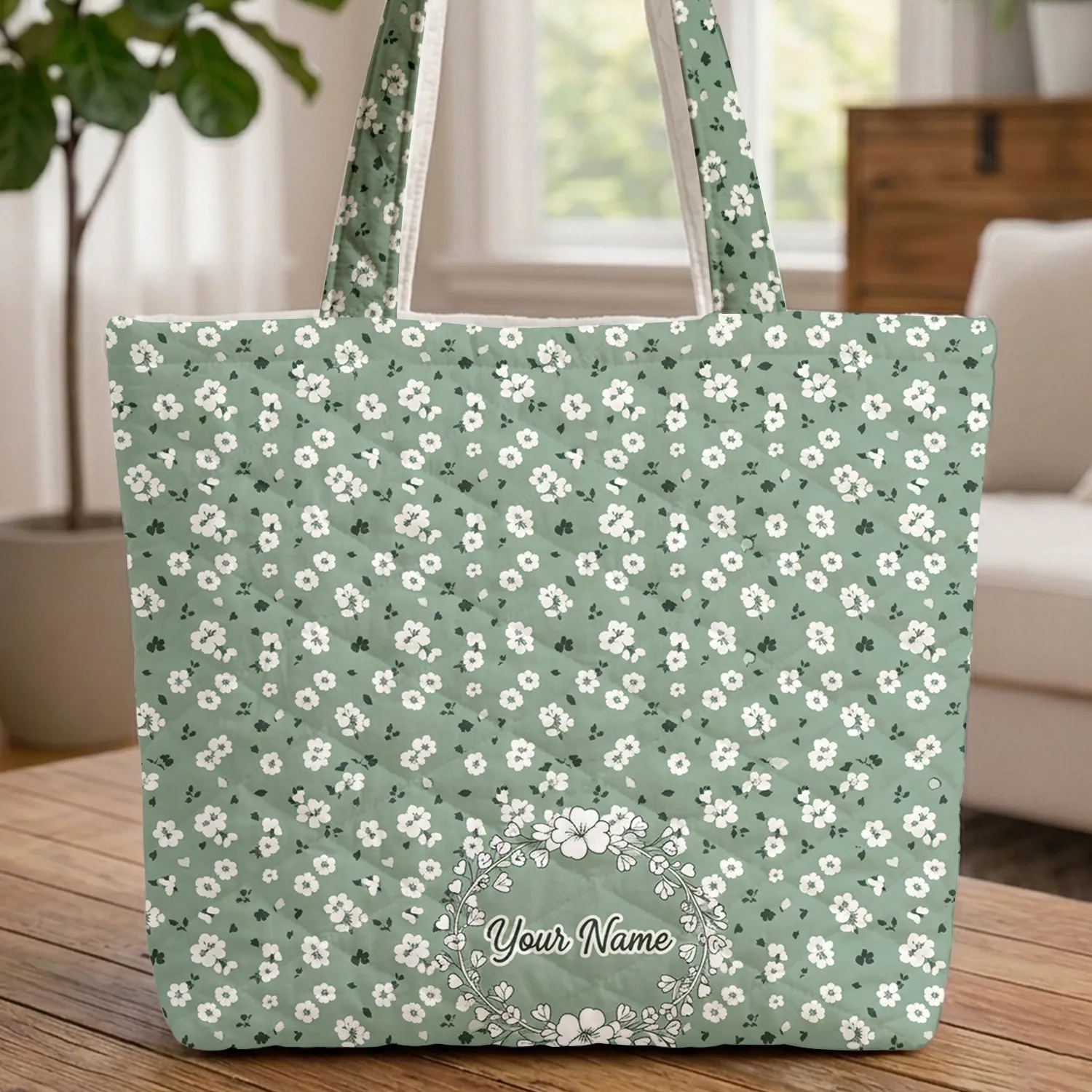 Personalized Name Floral Wreath Botanical Flowers Sage Green - Everyday Carry Gift Quilted Tote Bag - 1