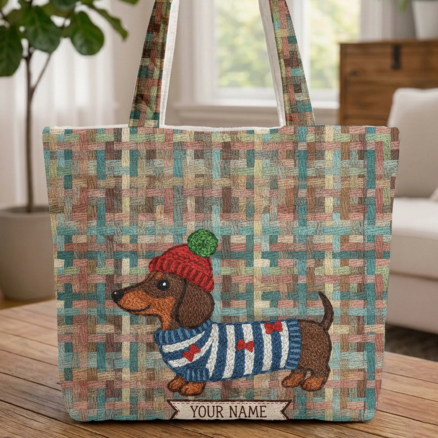 Dachshund Red Cap Sweater Personalized Name - Everyday Carry Gift for Dog Lover Quilted Tote Bag - 1