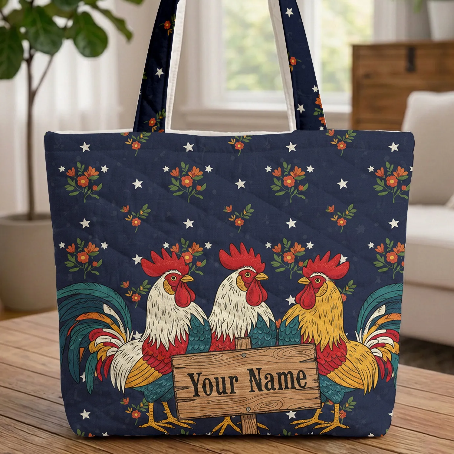 Proud Roosters Wooden Sign Personalized - Country Living Gift for Farm Lover Quilted Tote Bag - 1