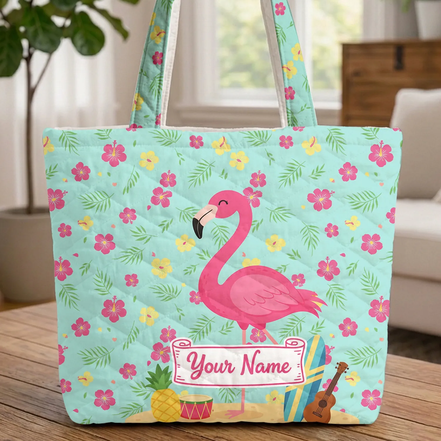Flamingo Tropical Beach Hibiscus Palm Fronds - Name Scroll Everyday Carry Gift Quilted Tote Bag - 1