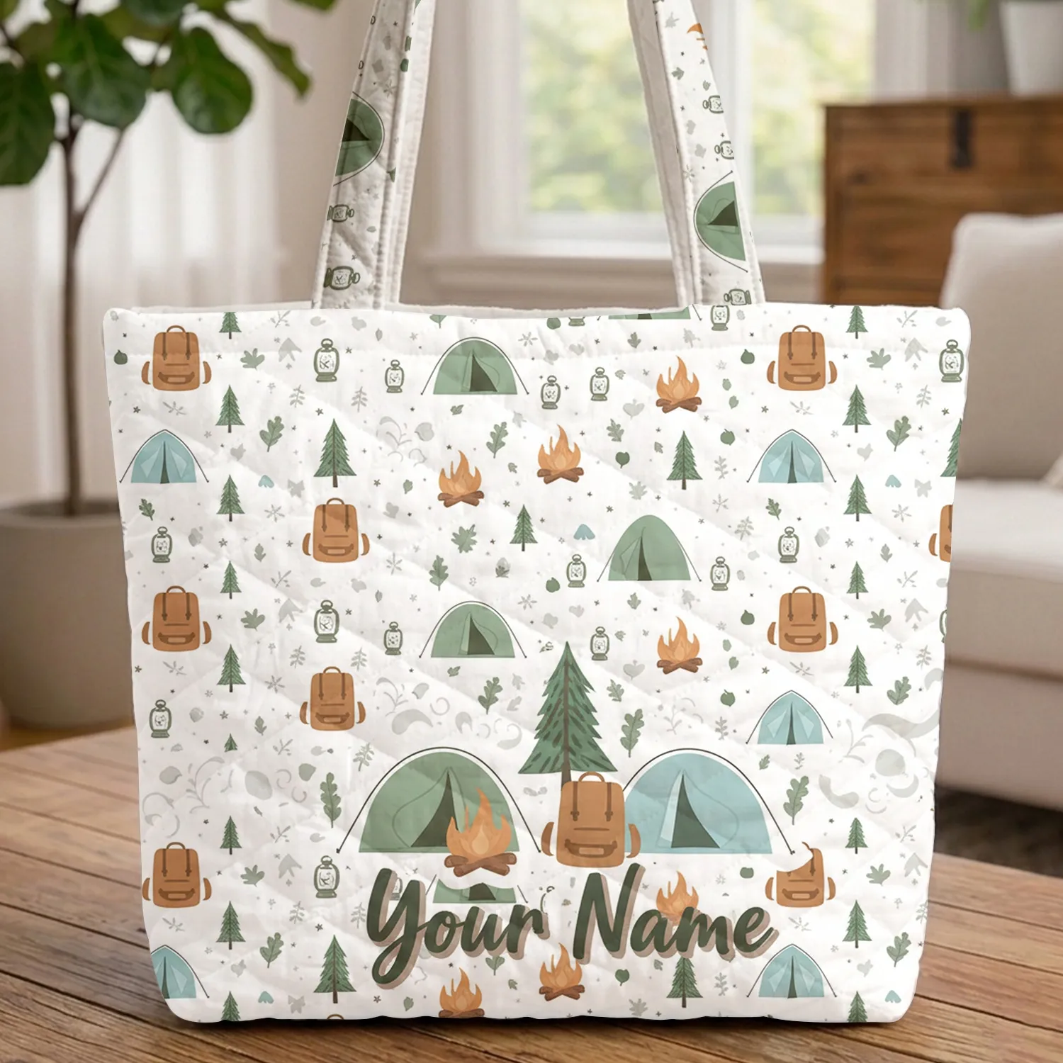 Personalized Camping Scene Tents Campfire Backpack - Everyday Carry Gift for Campers Quilted Tote Bag - 1