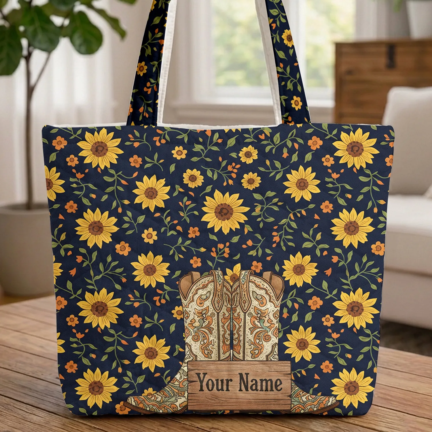 Cowboy Boots Sunflower Vines Wooden Sign Western Country Everyday Carry Gift Quilted Tote Bag - 1