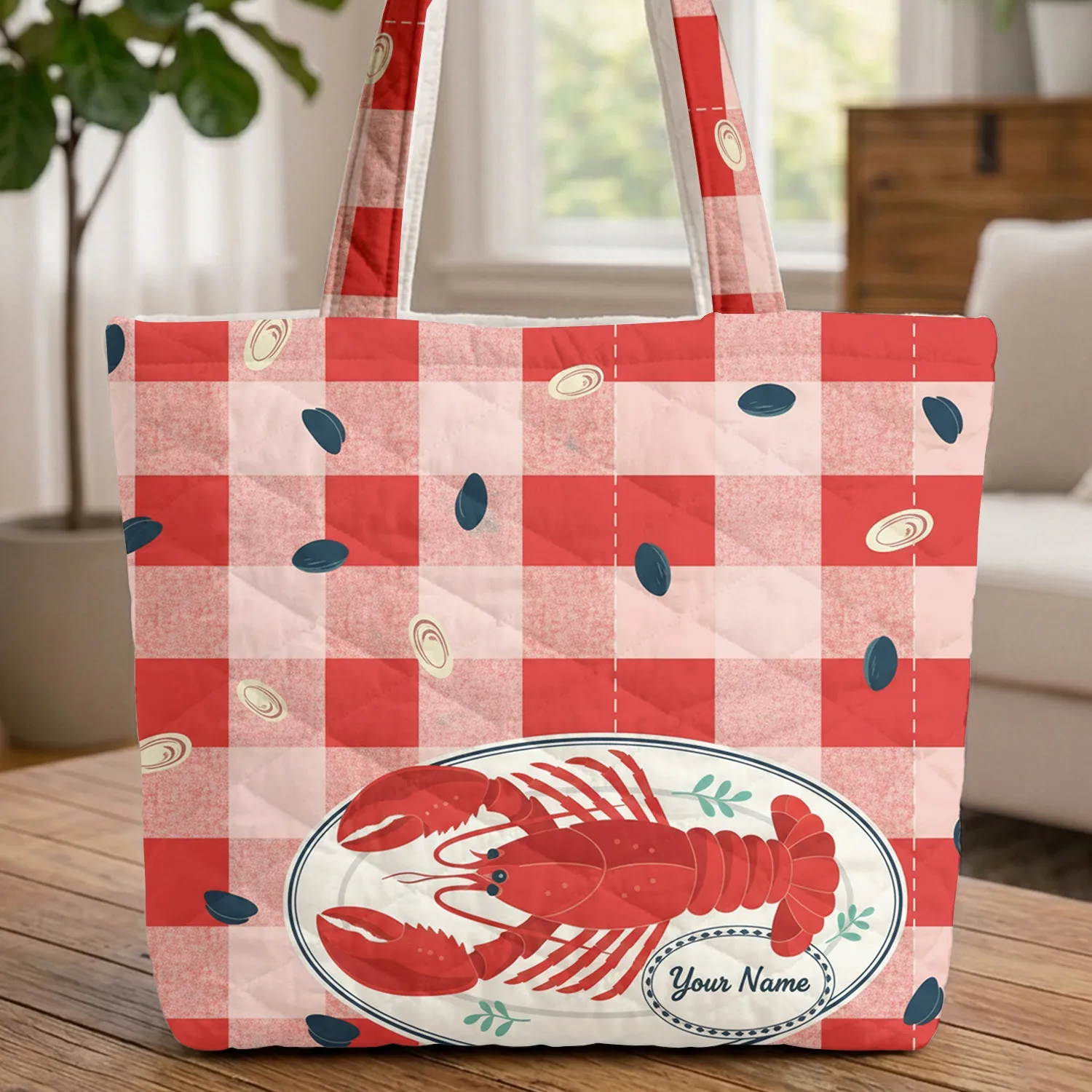 Red Lobster Dinner Plate Gingham Mussel Oyster Everyday Carry Gift Quilted Tote Bag - 1