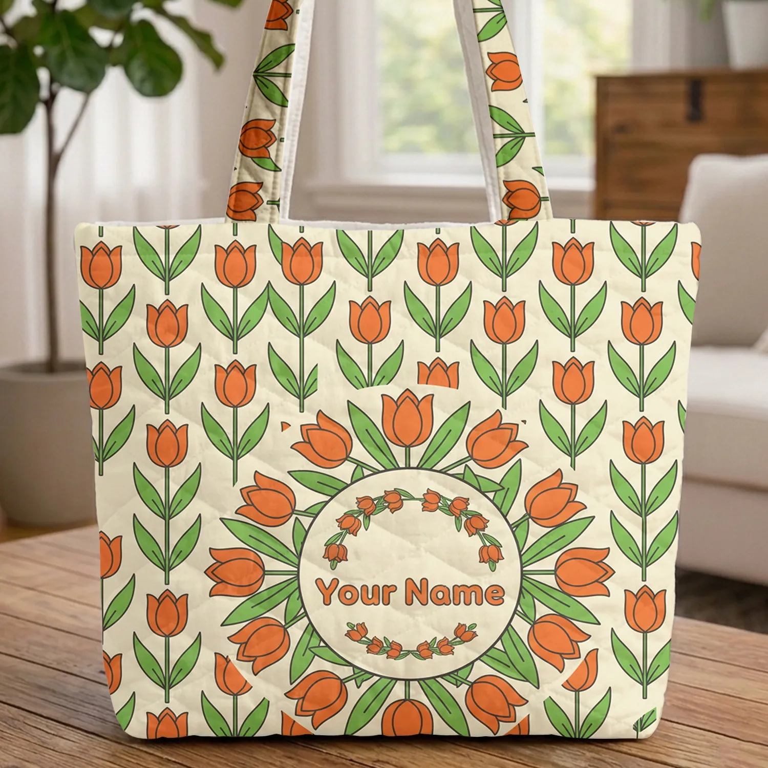 Orange Tulips Orderly Rows Green Leaves Arrangement - Everyday Carry Gift Quilted Tote Bag - 1