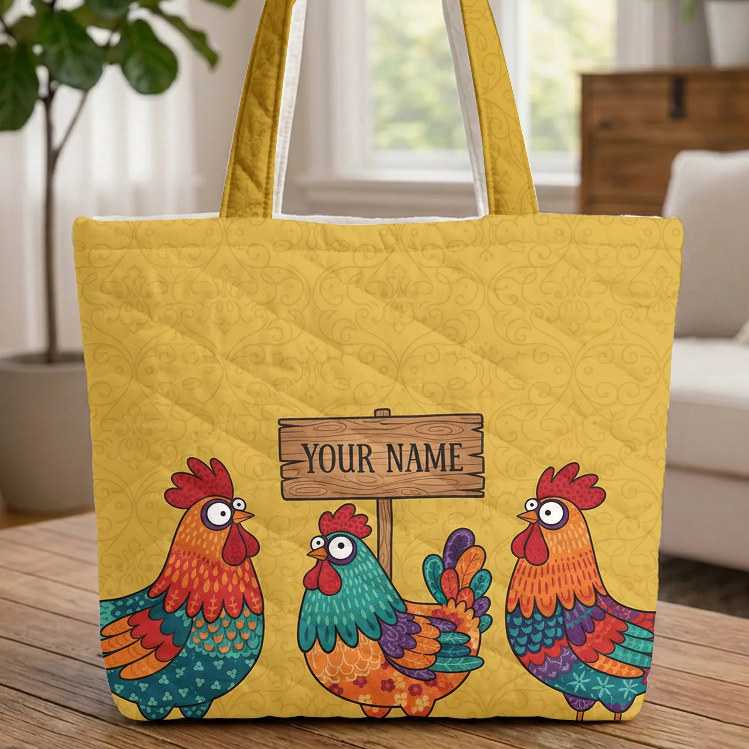 Googly Eye Patchwork Chickens Wooden Sign - Everyday Carry Gift for Farm Lovers Quilted Tote Bag - 1