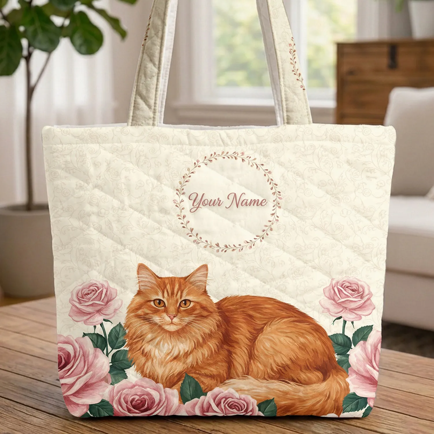 Fluffy Orange Cat Pink Roses Rosebud Vines Floral Wreath Everyday Carry Gift for Cat Lovers Quilted Tote Bag - 1