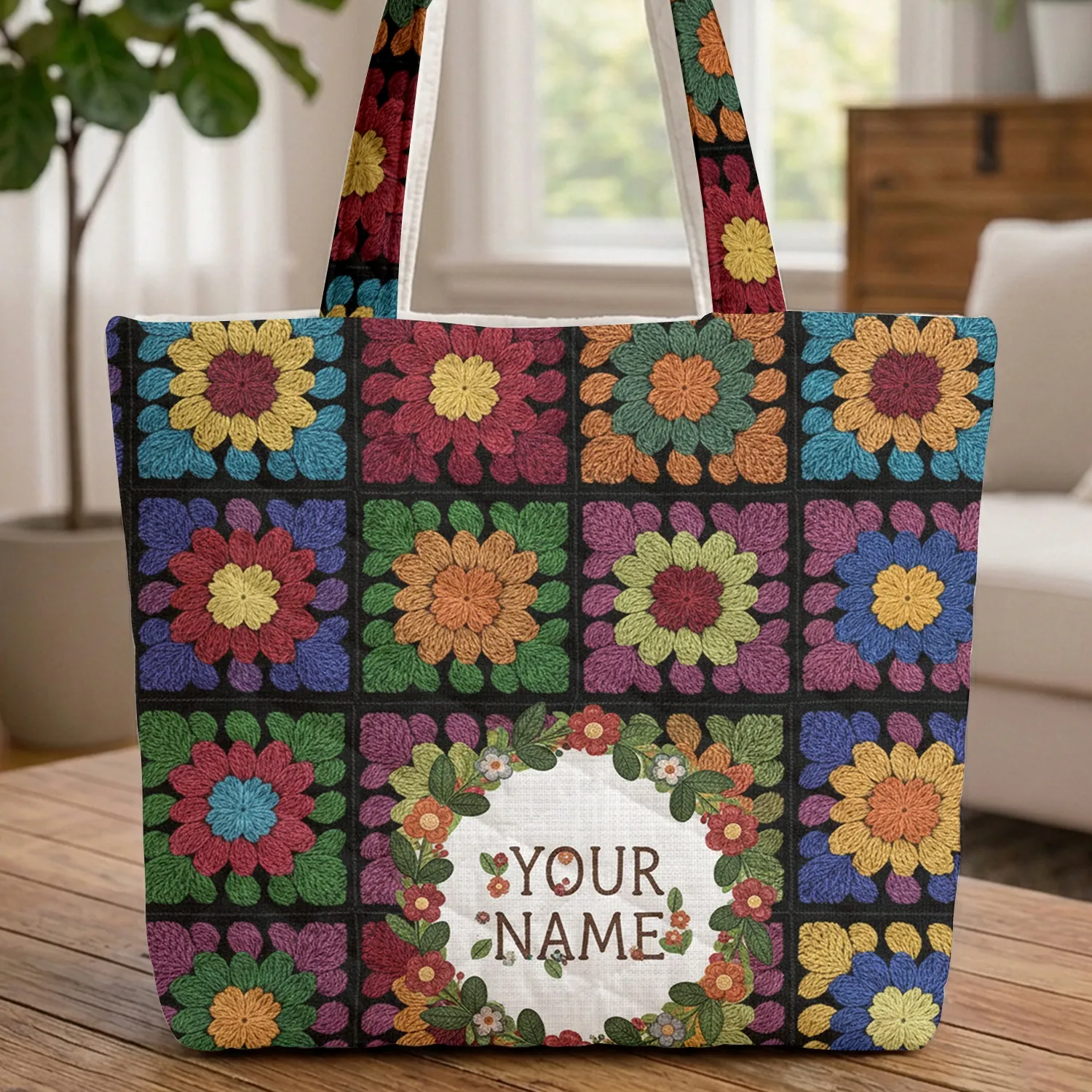Crochet Granny Square Floral Wreath - Everyday Carry Gift for Crochet Lover Quilted Tote Bag - 1