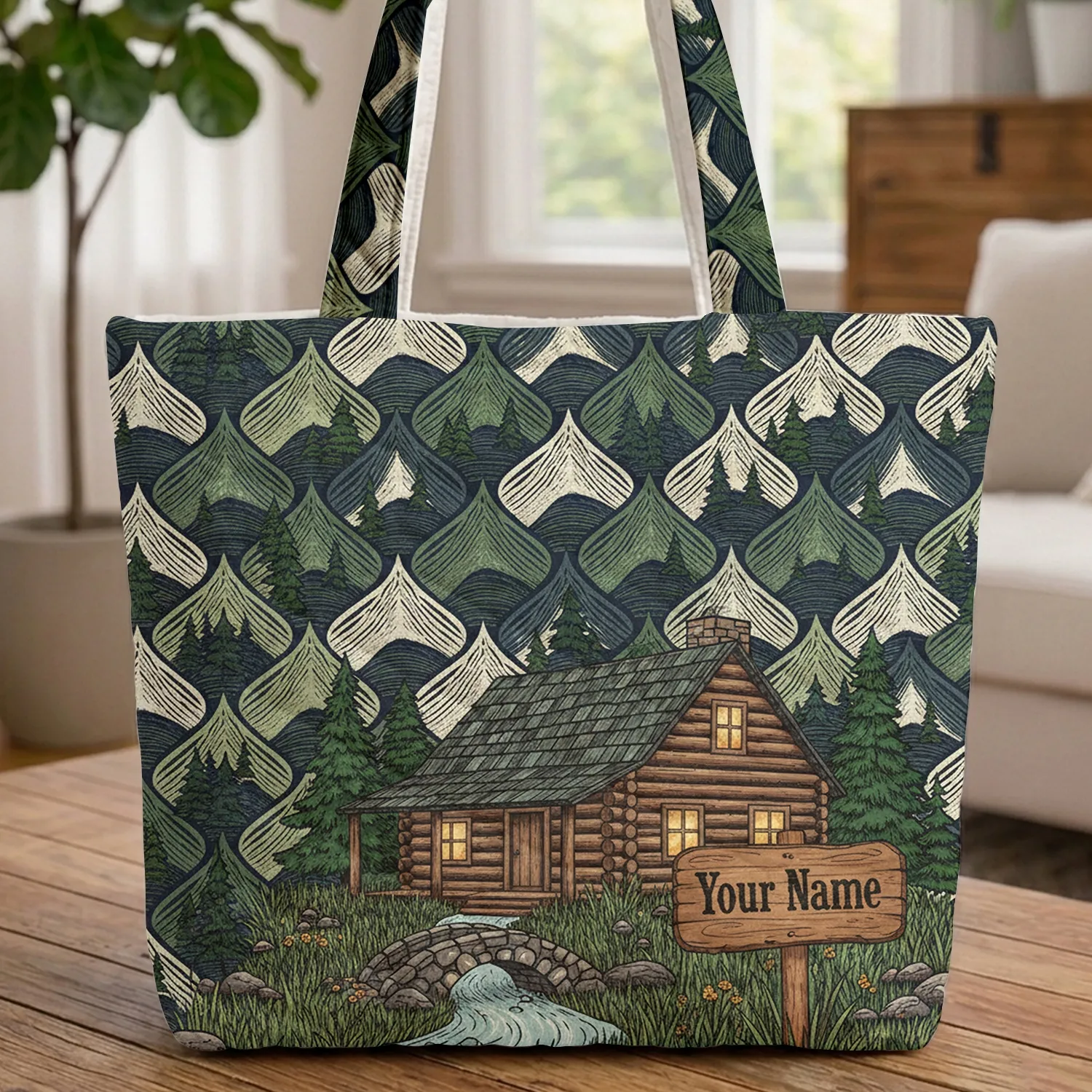 Rustic Log Cabin Mountain River Wooden Sign - Everyday Carry Gift for Outdoors Lover Quilted Tote Bag - 1