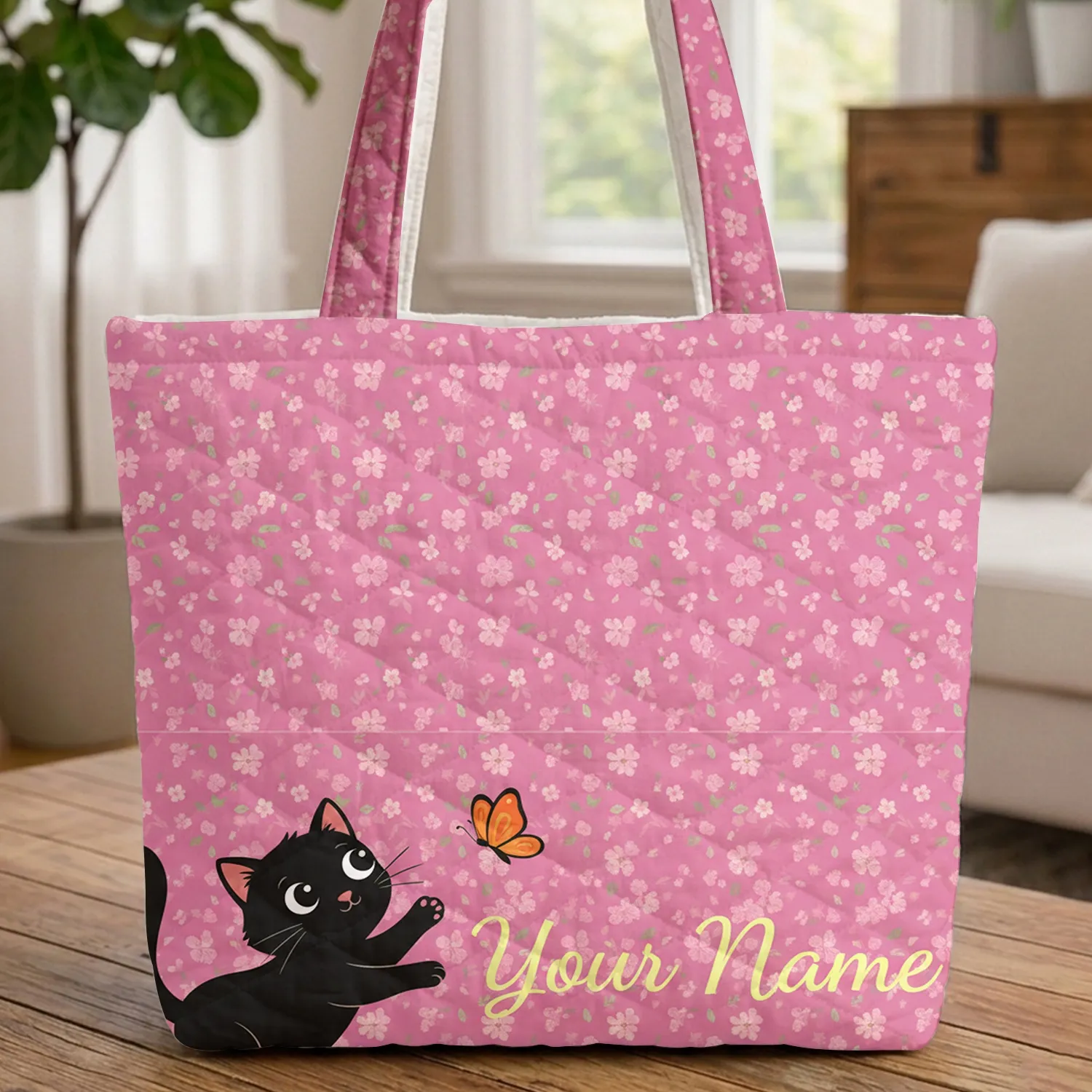 Black Kitten Orange Butterfly Pink Blossoms - Everyday Carry Travel Gift for Cat Lovers Quilted Tote Bag - 1