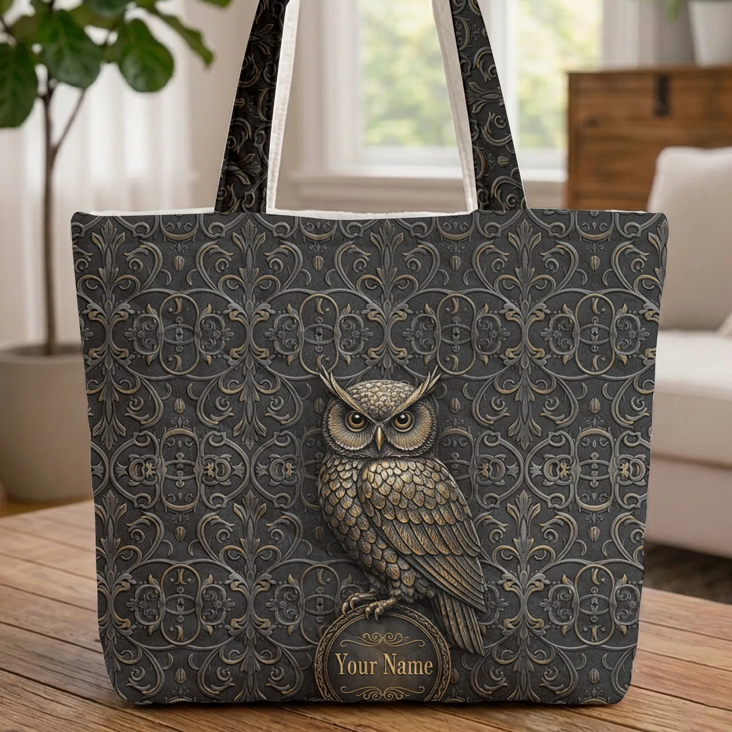 Regal Owl Scrollwork Tendrils - Everyday Carry Travel Essentials Gift for Wildlife Lover Quilted Tote Bag - 1