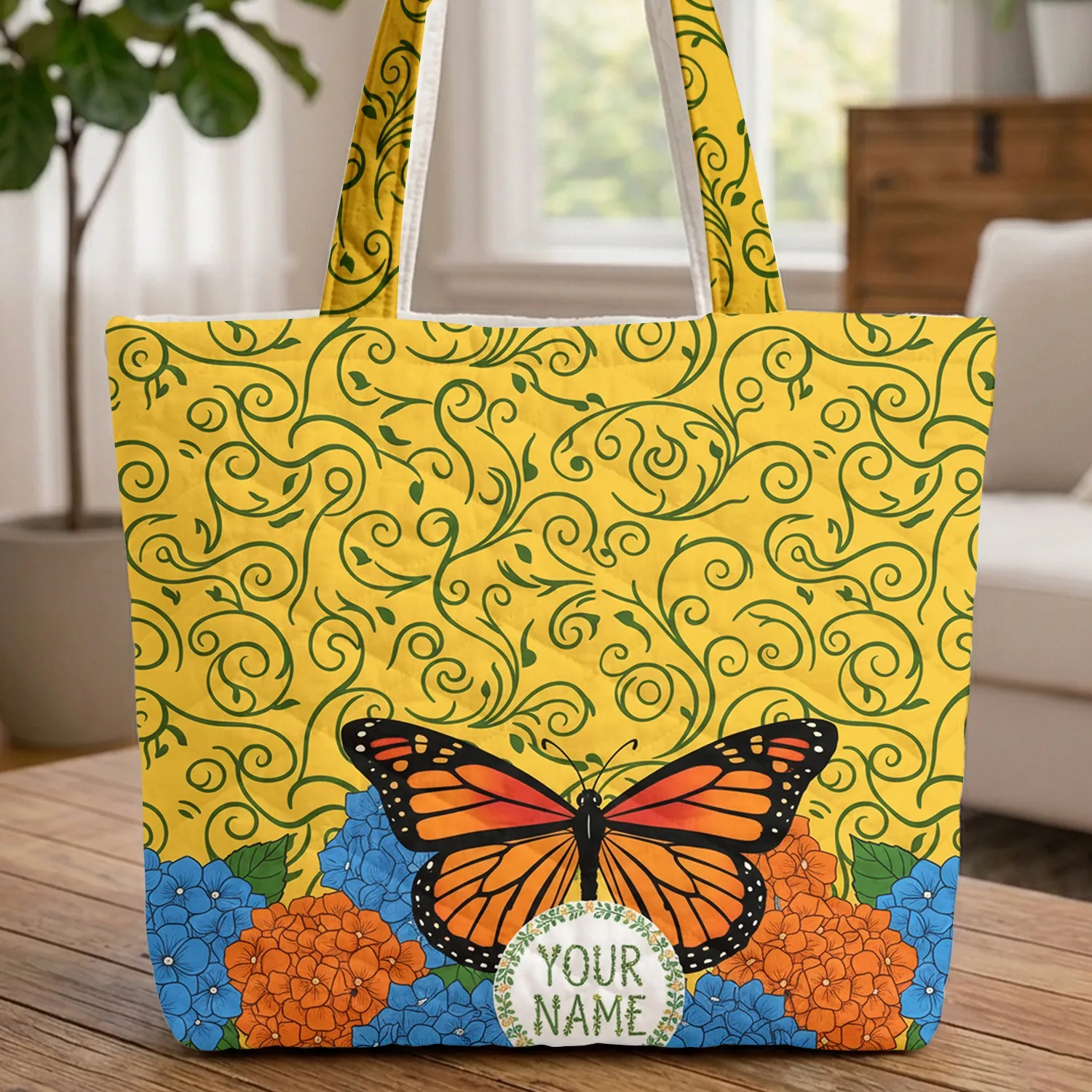 Monarch Butterfly Hydrangea Botanical Floral Wreath Your Name - Everyday Carry Gift Quilted Tote Bag - 1