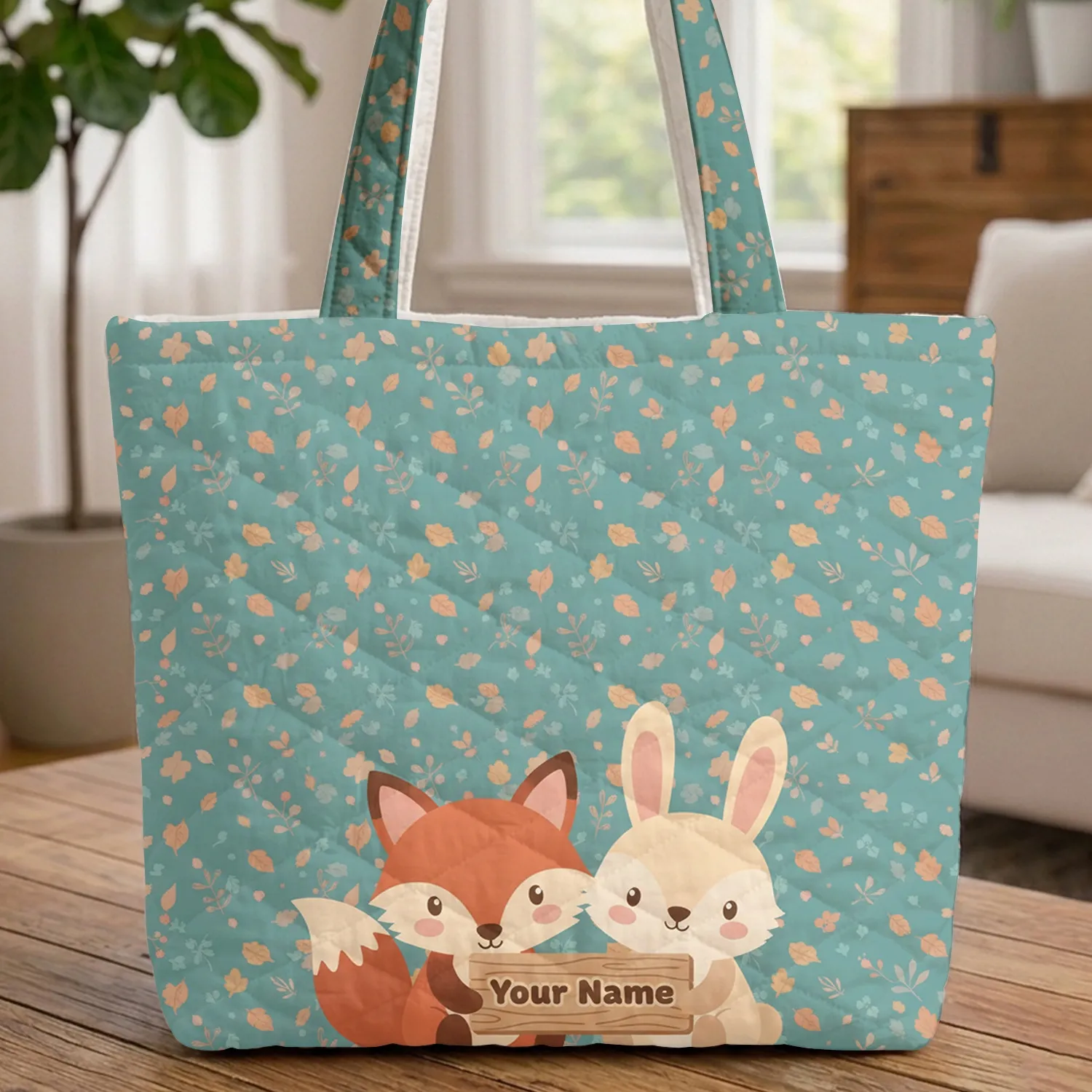 Fox Bunny Forest Animals Leaf Silhouettes Berries Wooden Sign Personalized Everyday Carry Gift Quilted Tote Bag - 1