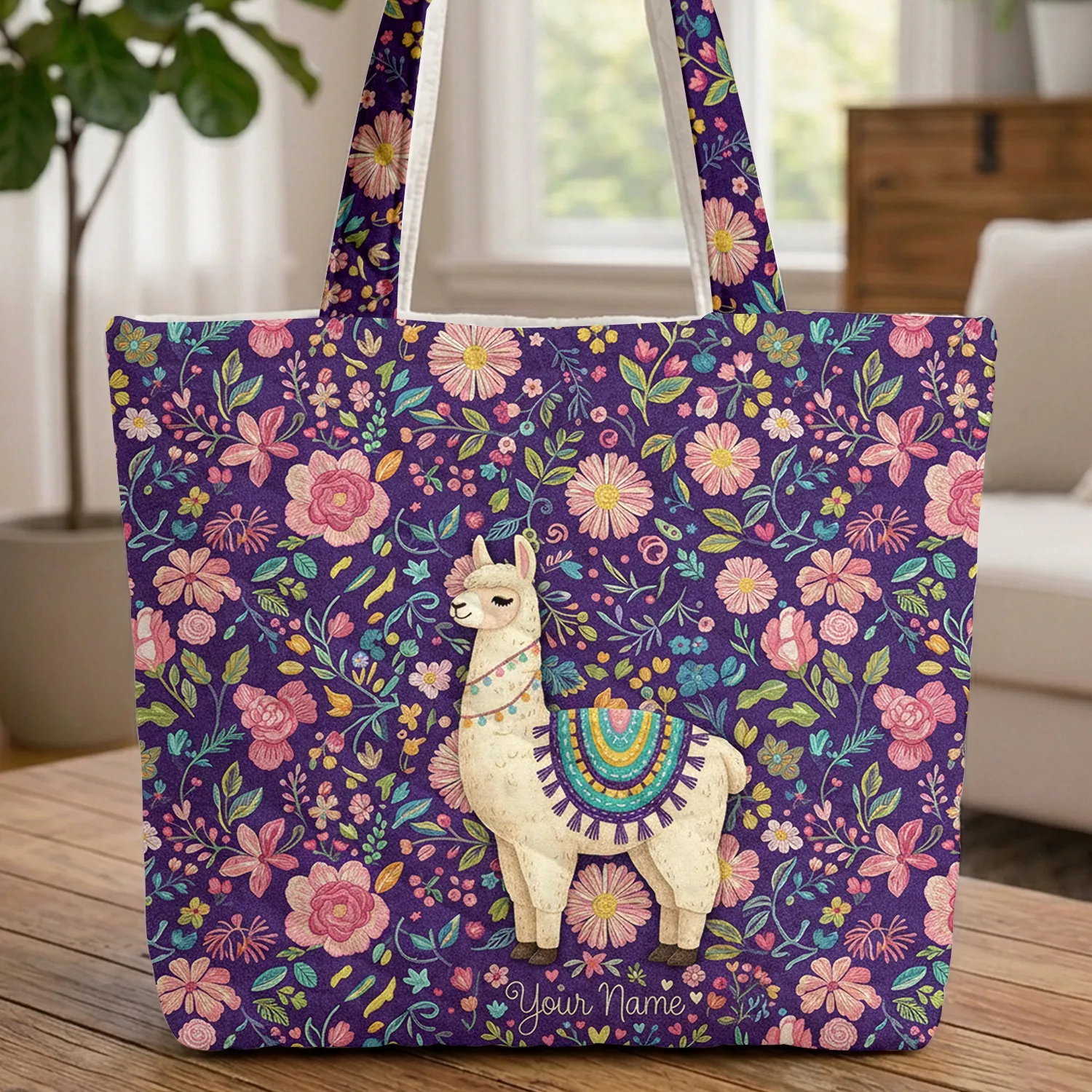 Llama Blanket Blooming Flowers Leaves Berries Wreath - Work Commute Travel Gift Quilted Tote Bag - 1